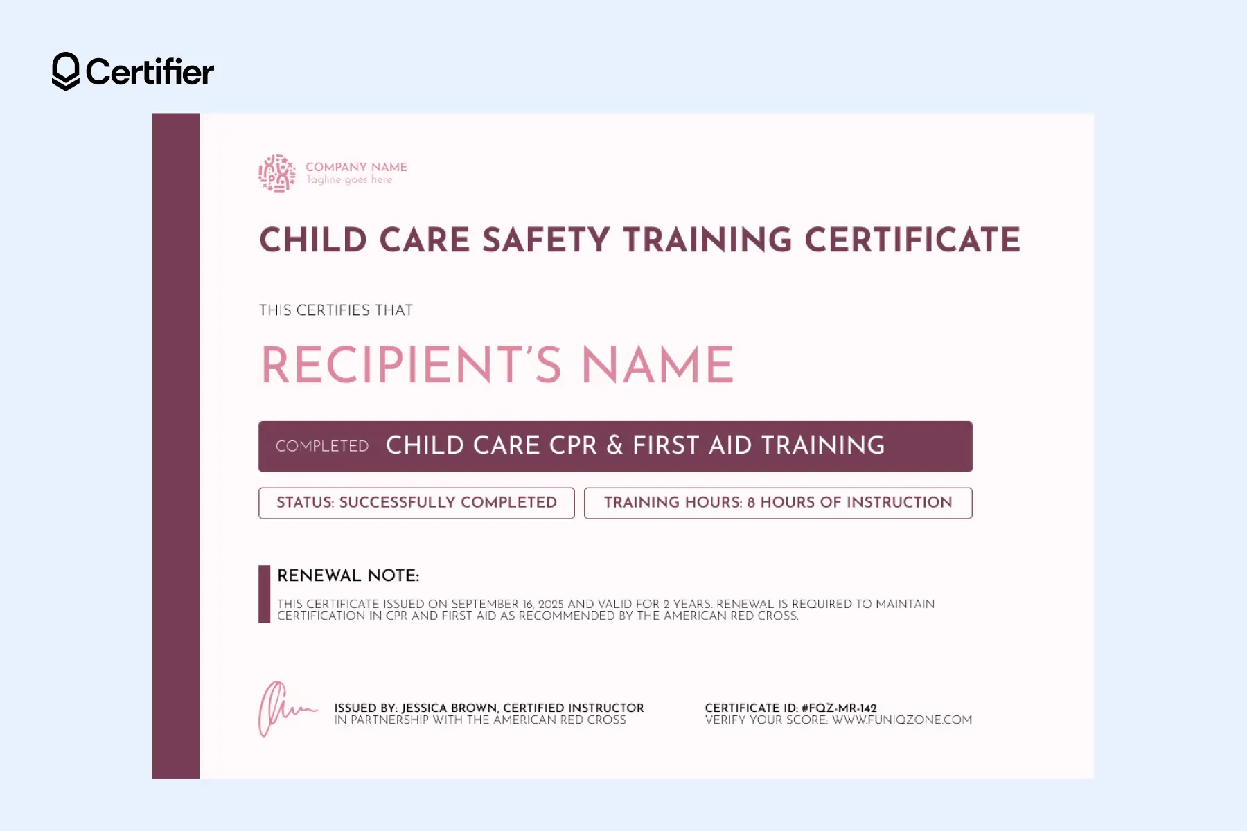 Child care safety training certificate template with renewal note and modern framed layout. Child care safety training certificate template with renewal note and modern framed layout.
