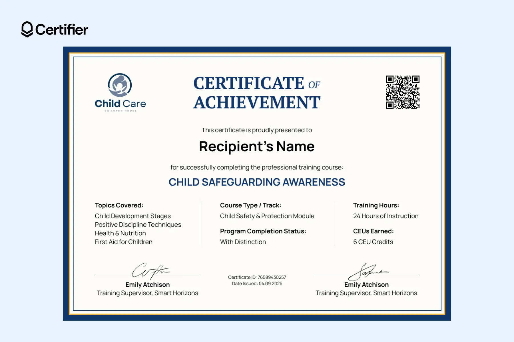 Child care training certificate template for child safeguarding awareness with QR verification and training details. Child care training certificate template for child safeguarding awareness with QR verification and training details.