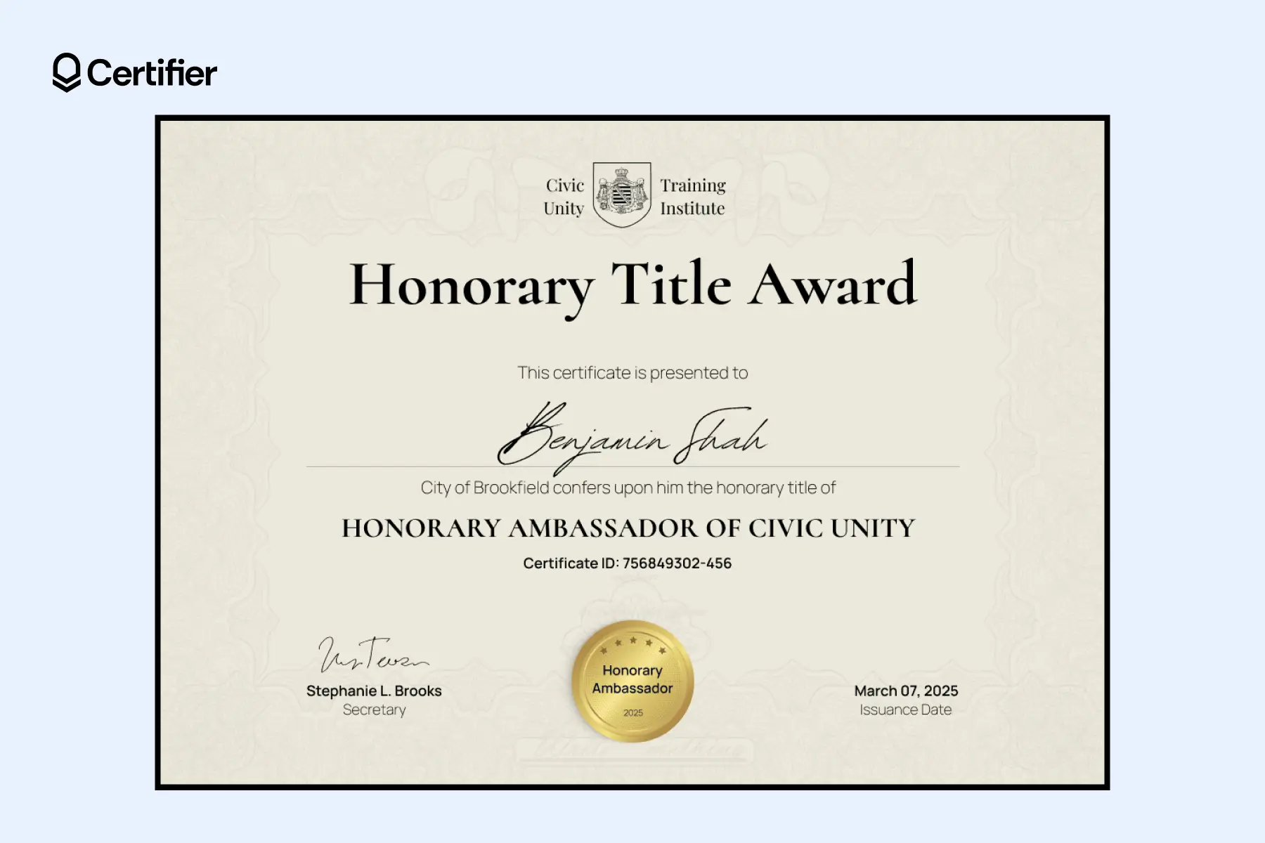 Editable honorary certificate template with beige background, golden seal and digital proof link. Editable honorary certificate template with beige background, golden seal and digital proof link.