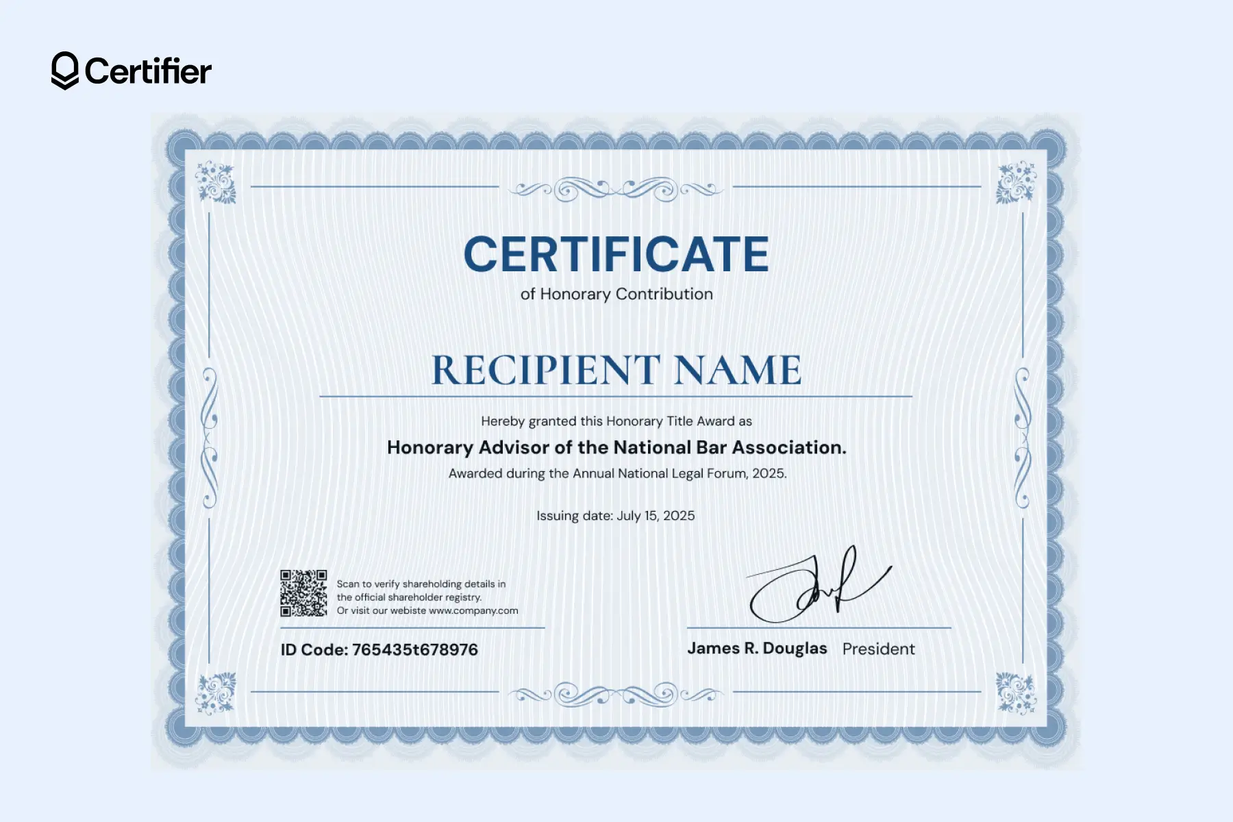 Printable honorary certificate template with blue decorative border and QR code for verification. Printable honorary certificate template with blue decorative border and QR code for verification.