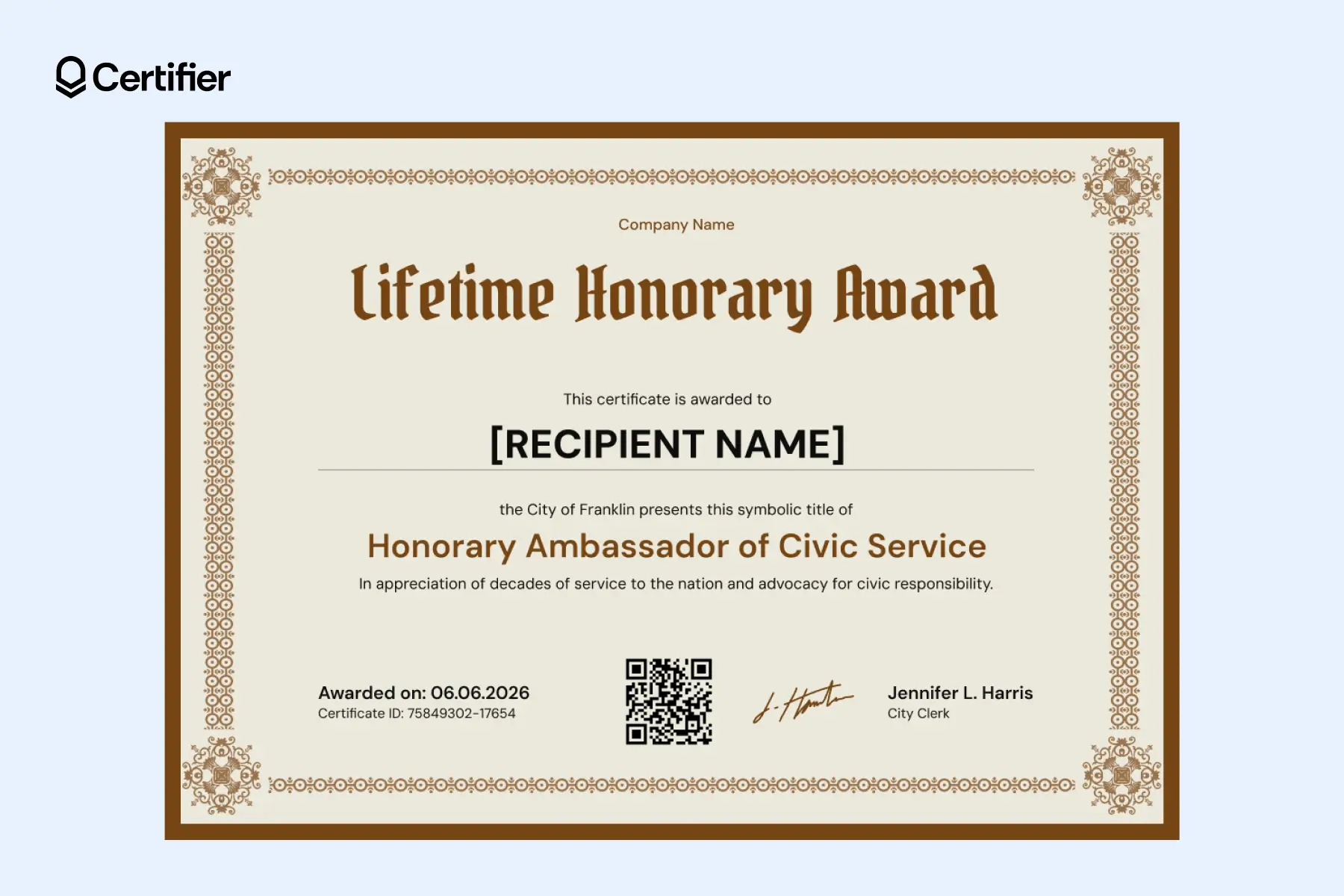 Royal honorary certificate template with decorative serif title and clean non-serif body font. Royal honorary certificate template with decorative serif title and clean non-serif body font.