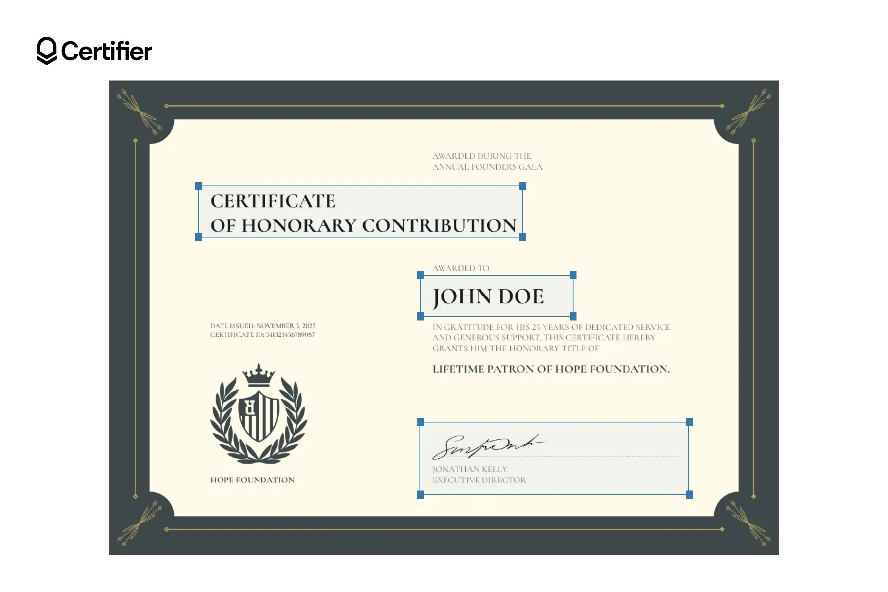 Editable honorary certificate template with a distinguished dark green frame, perfect for long-term recognition and timeless awards. Editable honorary certificate template with a distinguished dark green frame, perfect for long-term recognition and timeless awards.