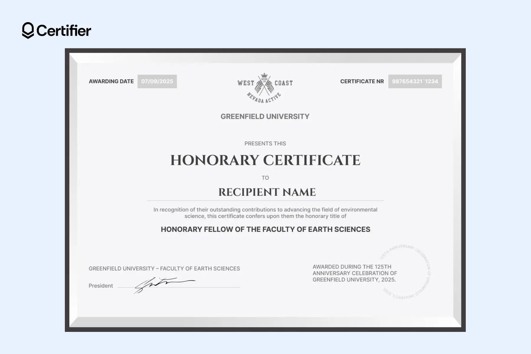 Printable honorary degree certificate template with gray frame and academic design. Printable honorary degree certificate template with gray frame and academic design.