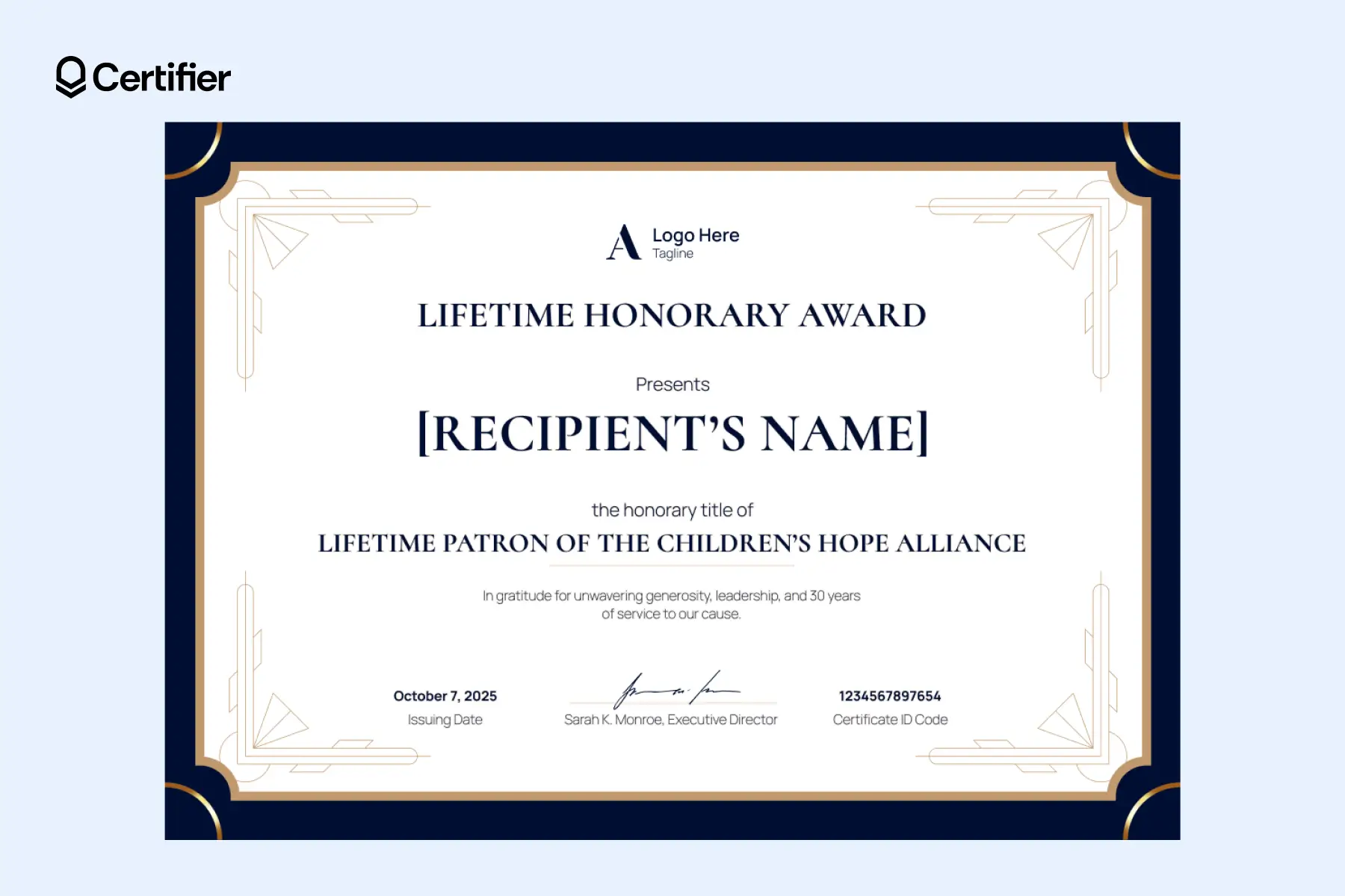 Editable honorary member certificate template with navy and gold border and decorative corners. Editable honorary member certificate template with navy and gold border and decorative corners.