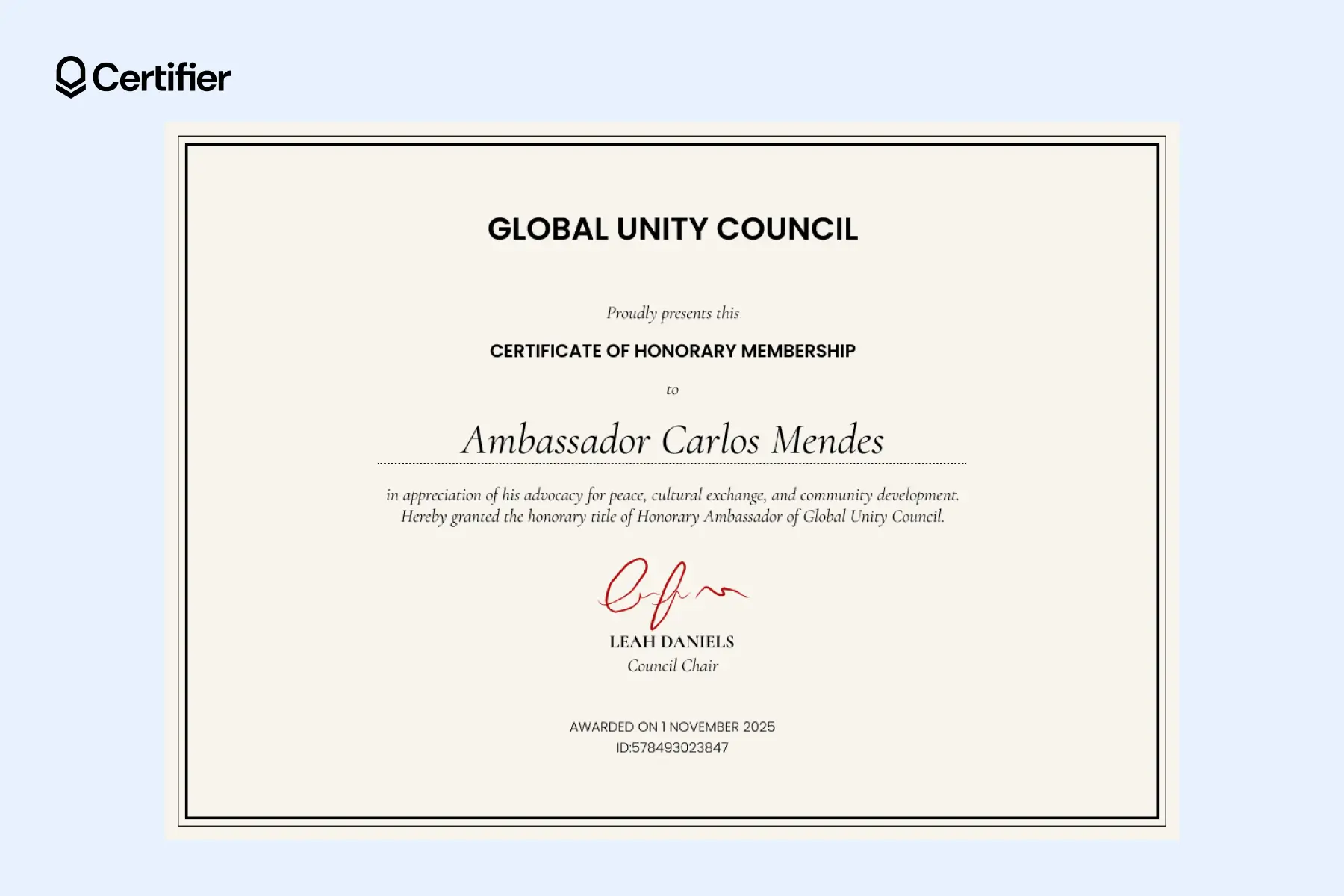 Simple honorary membership certificate template with a clean black frame. Simple honorary membership certificate template with a clean black frame.