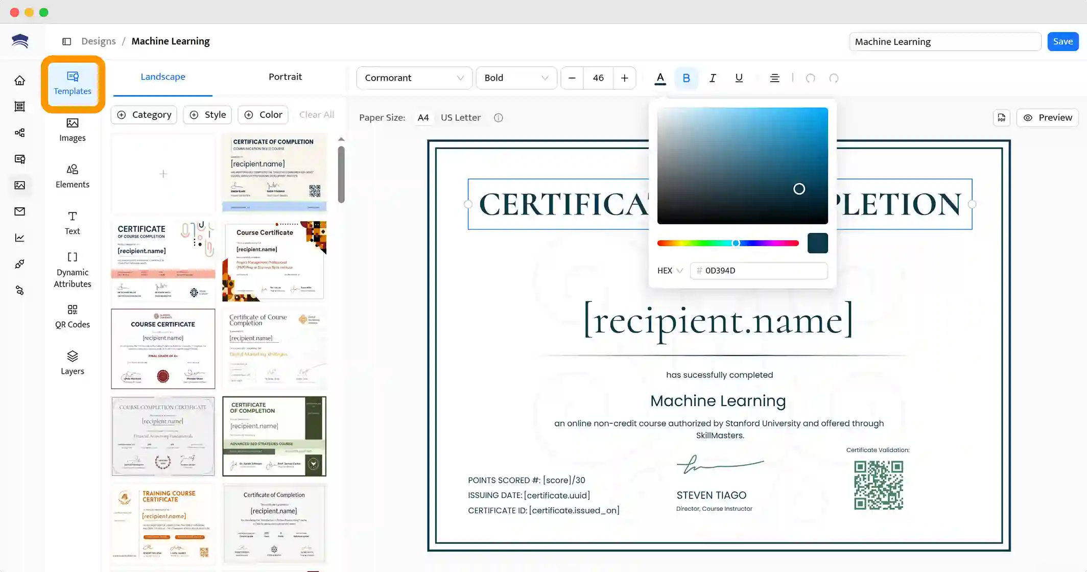 Choosing certificate template in editor and customizing it to the branding.