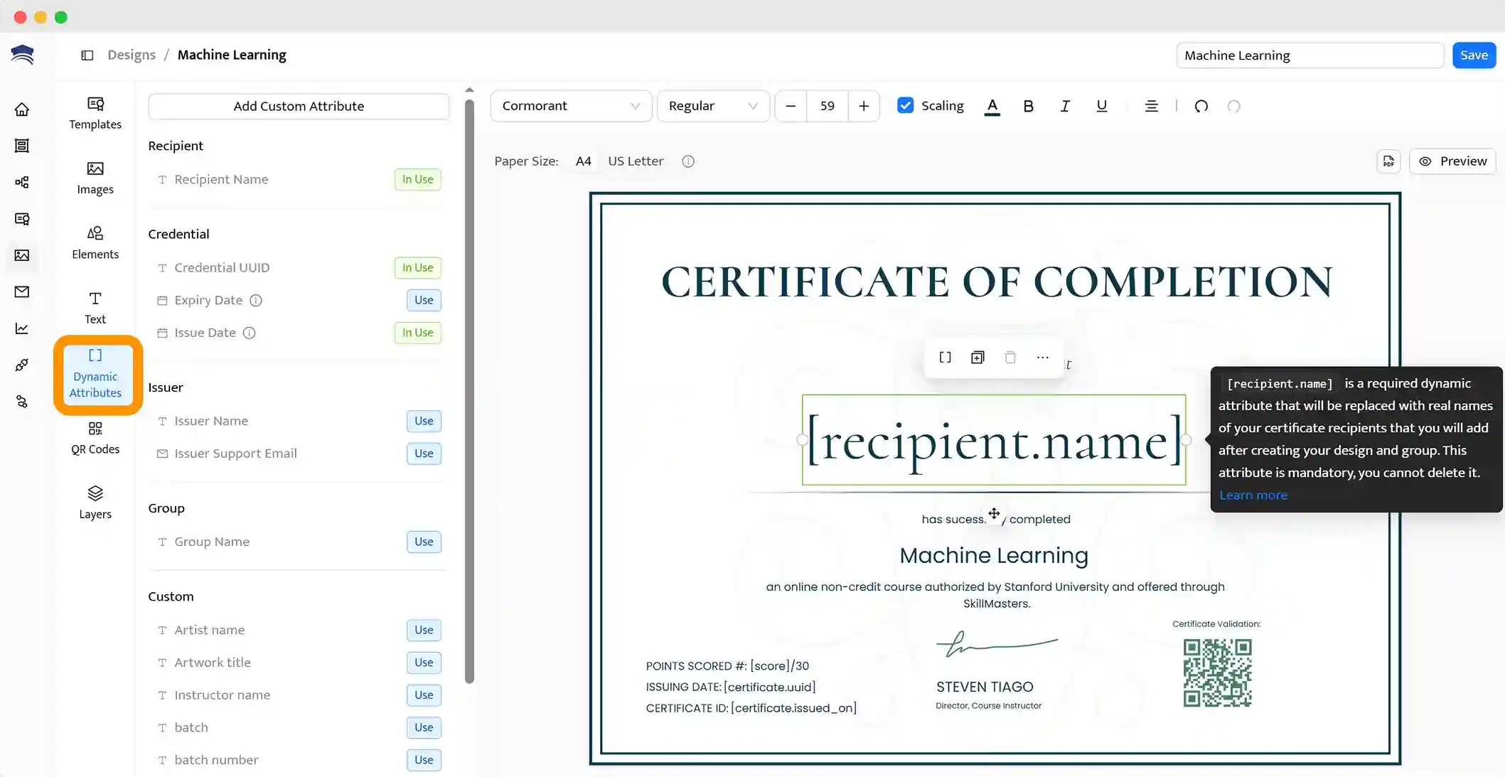 Dynamic attributes used in Certifier's template editor, supporting automated delivery of digital certificates options.