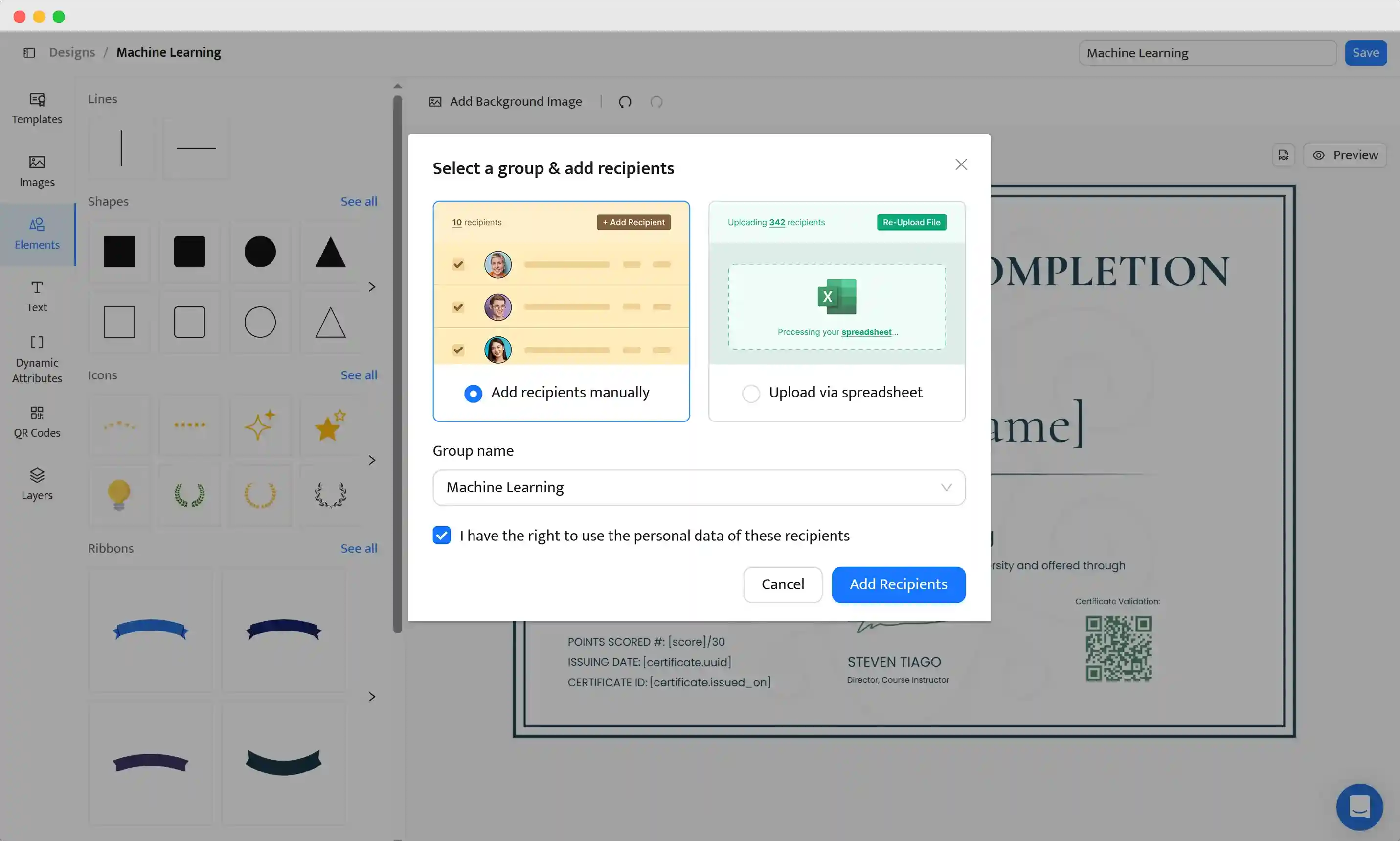 Uploading the list of email addresses to send certificates in bulk.
