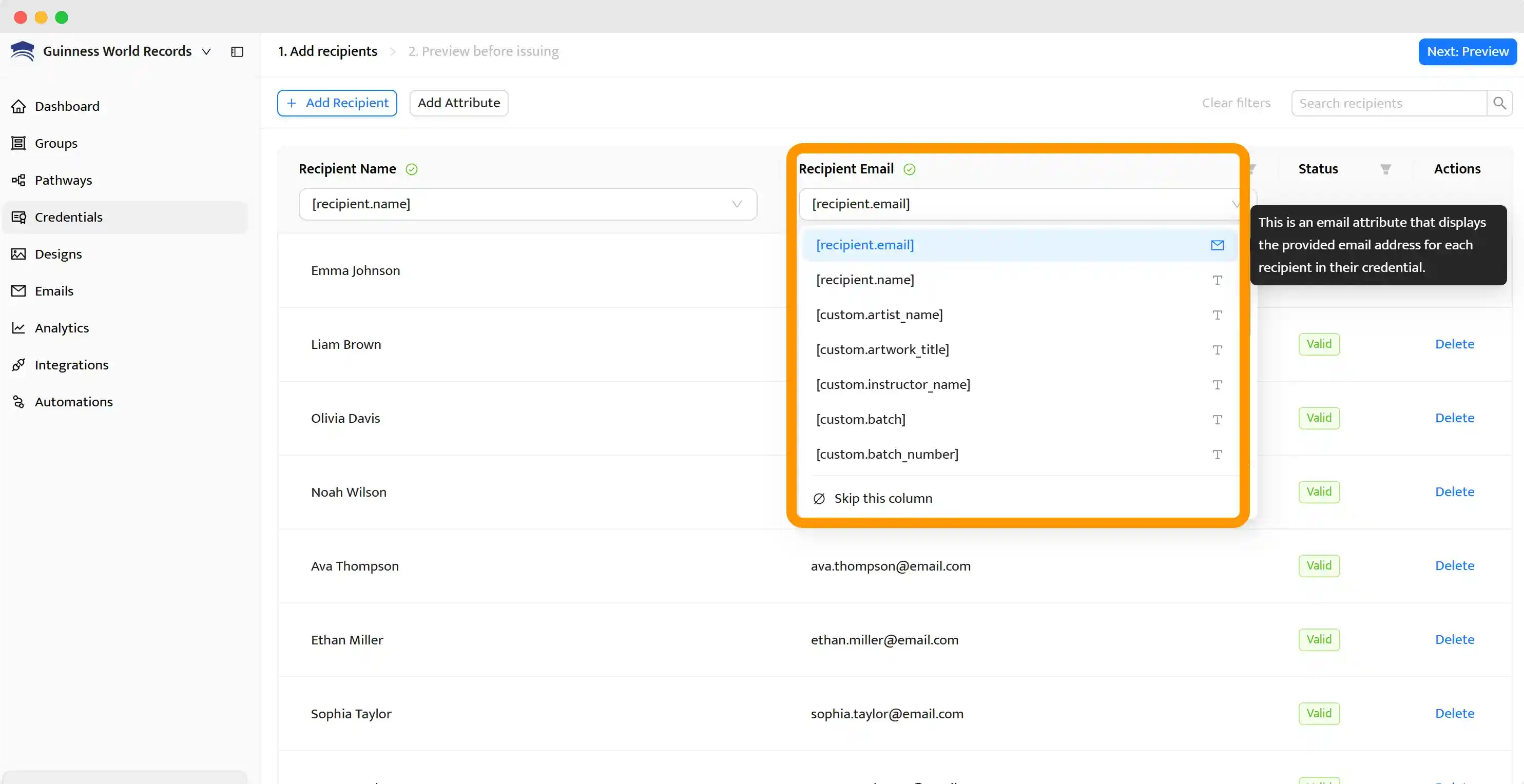 Mapping the certificates attributes with spreadhsheet data to send them out automatically.