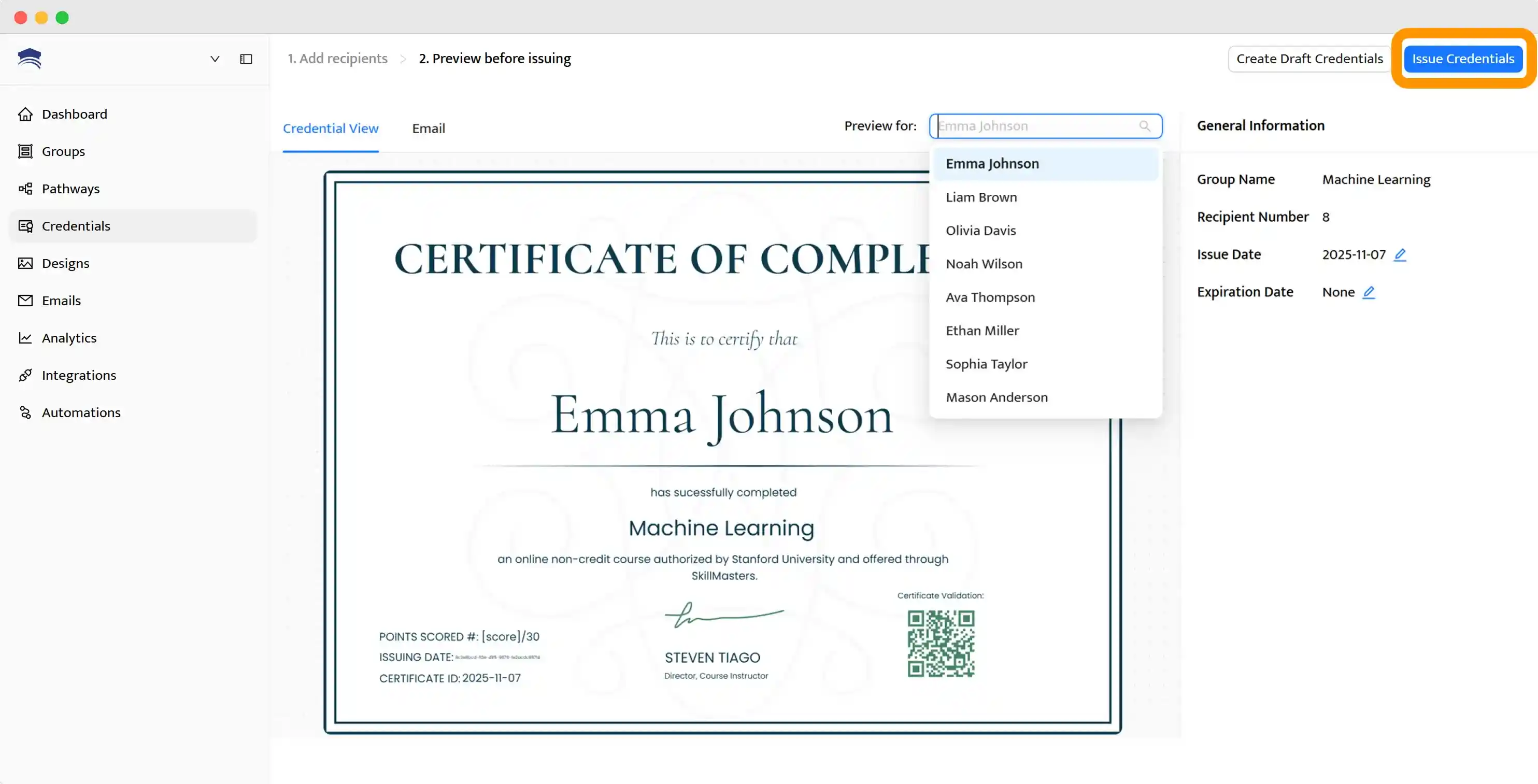 Sending all generated credentials with a click within Certifier dashboard.
