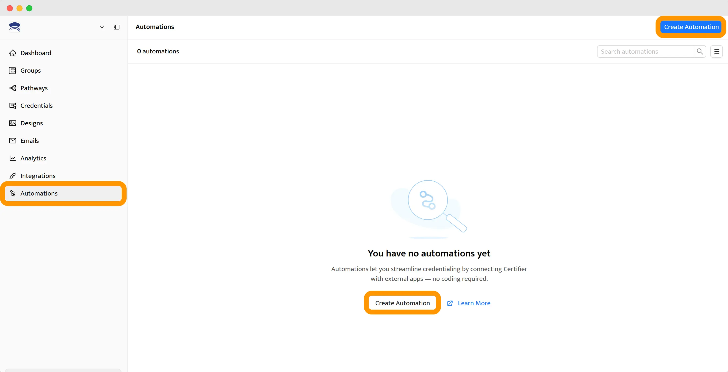 Certifier’s dashboard: An option to create a new Automation. 