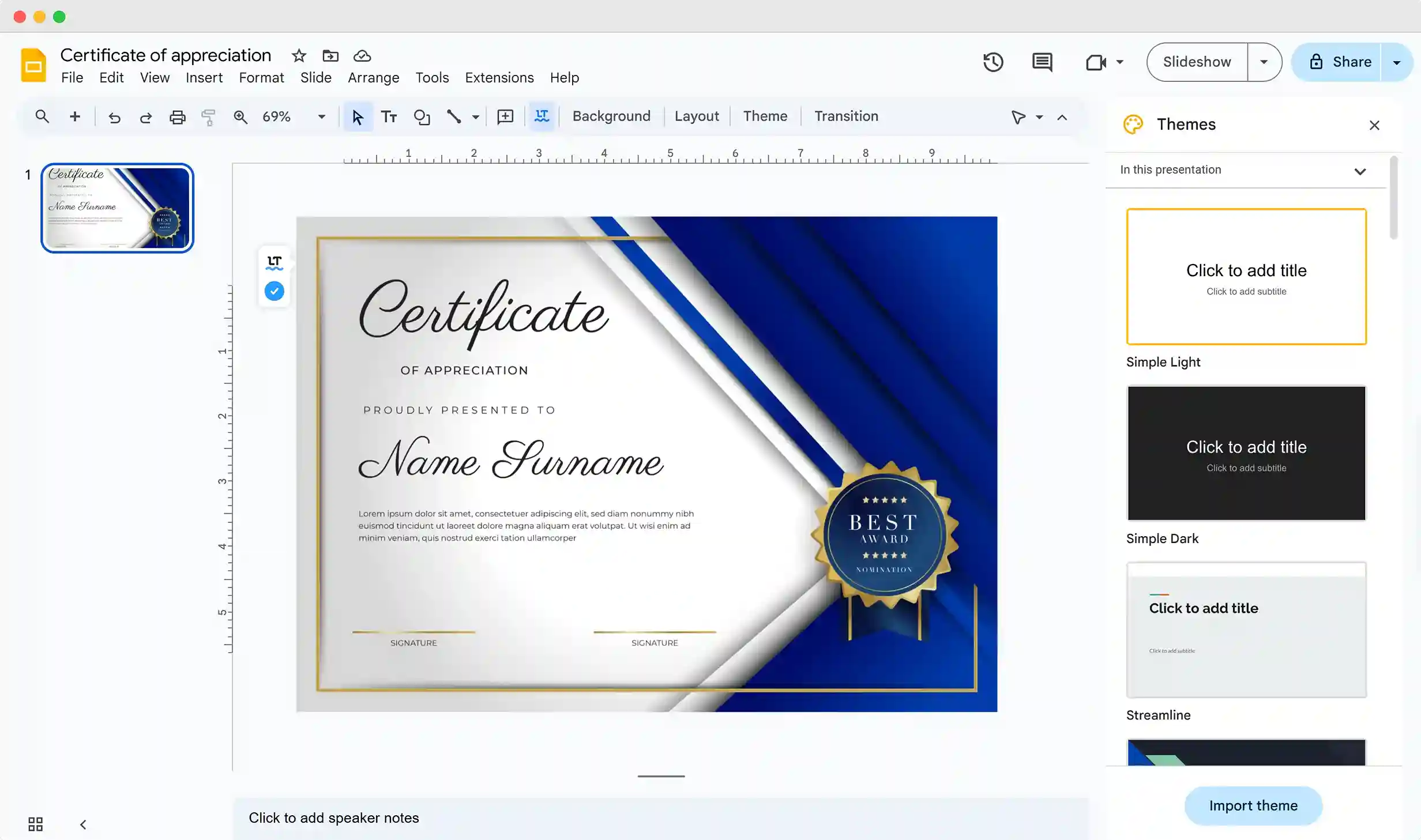 Creating certificates in Google Slides.