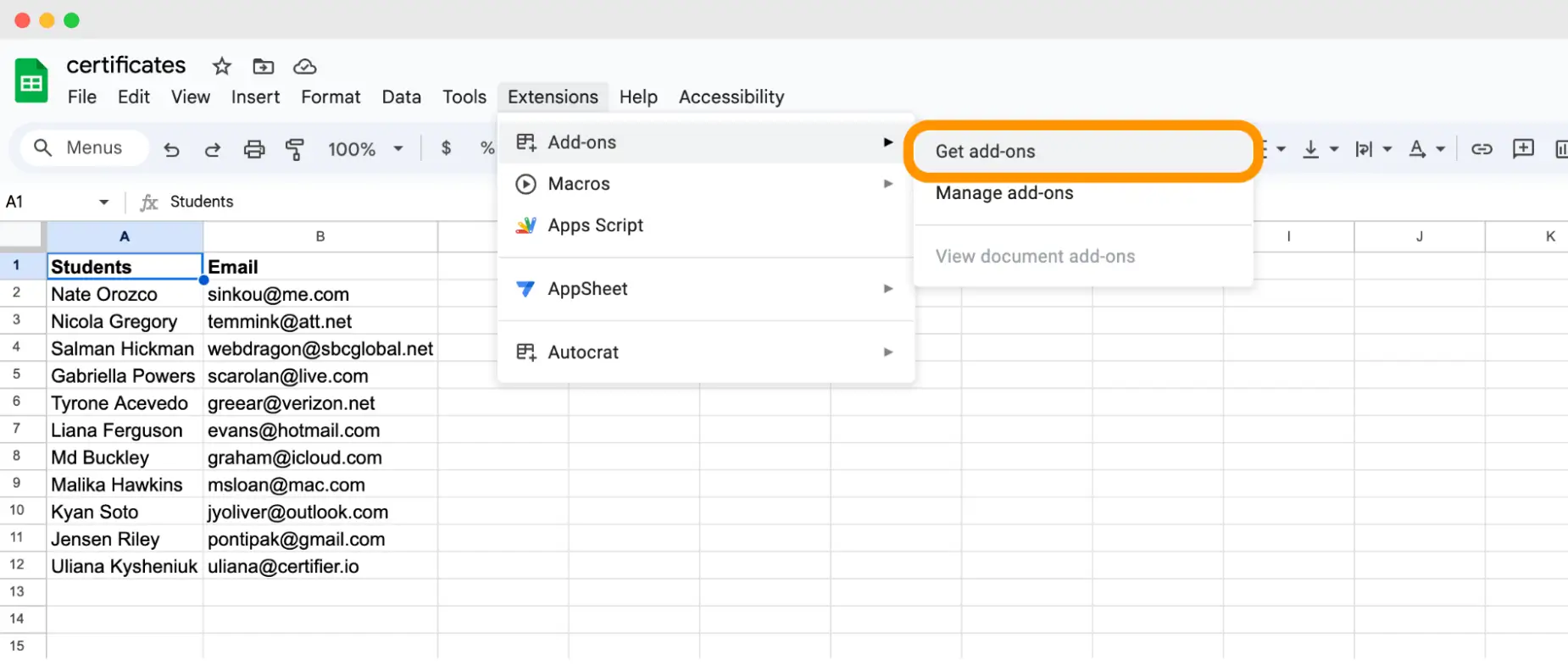 Extensions option within the Google Sheets dashboard to install AutoCrat.