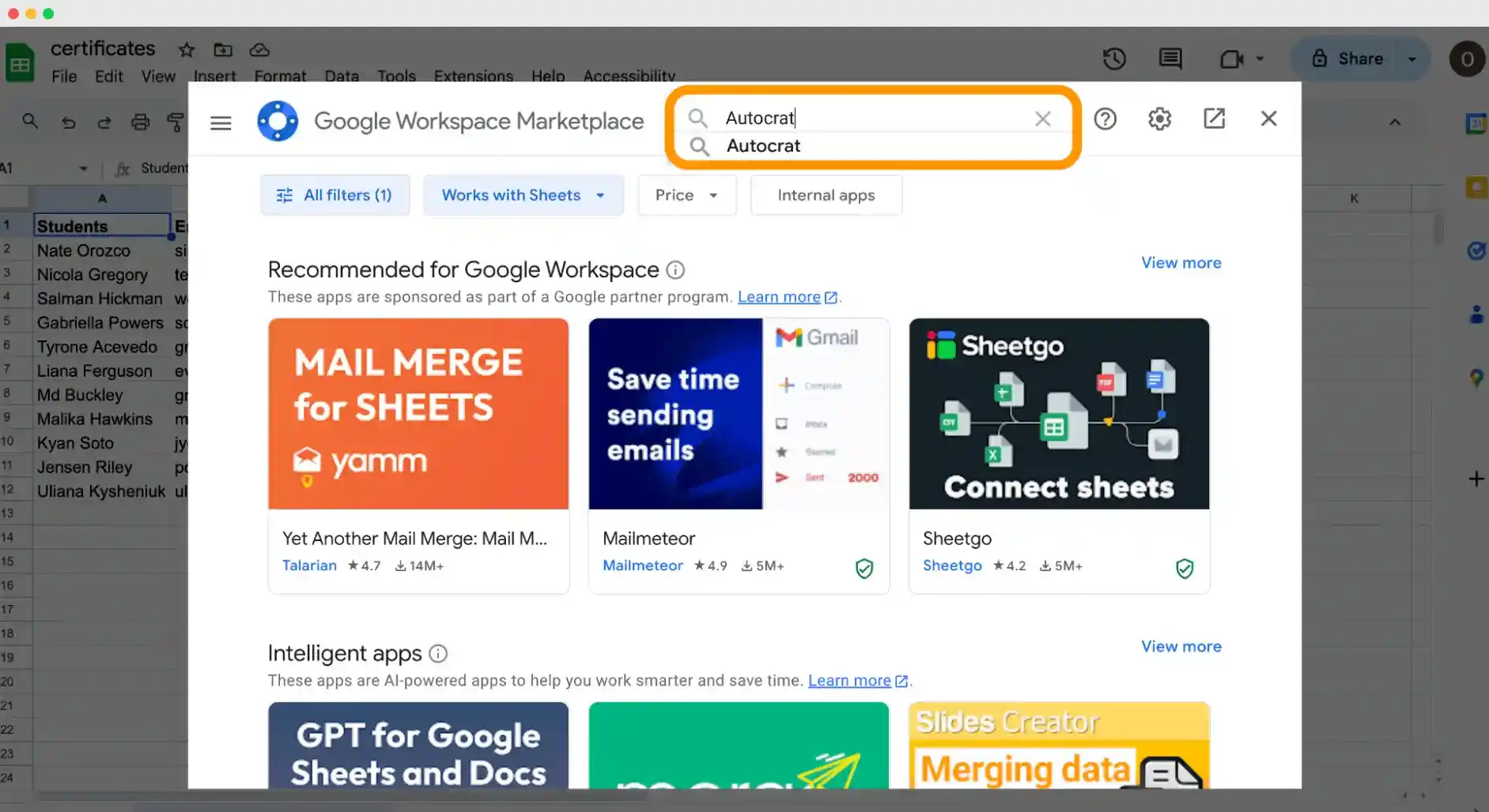 Google marketplace to install AutoCrat add-on for Google Sheets.