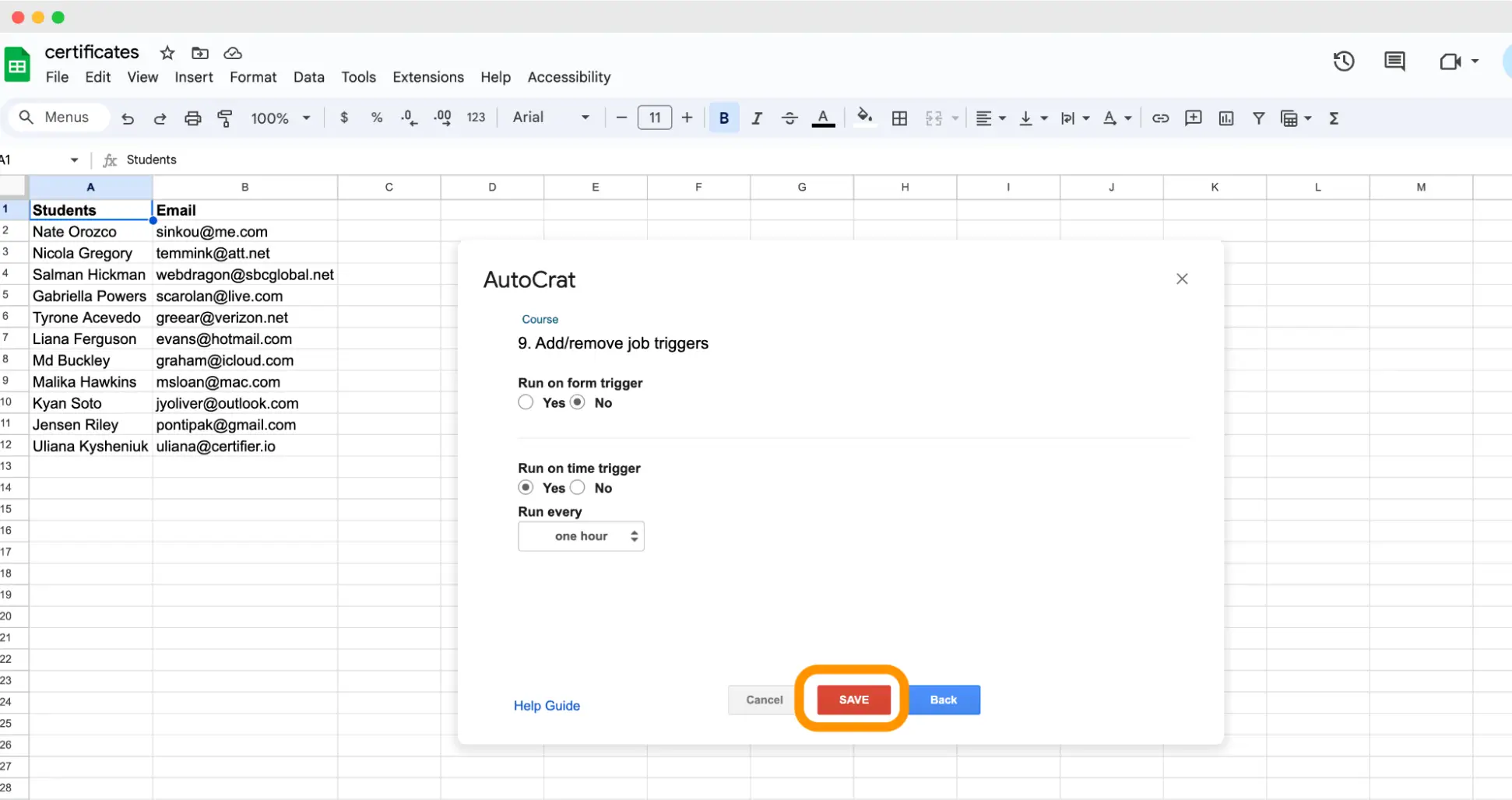 Saving the Job created with the Autocrat tool to automate sending certificates via email.
