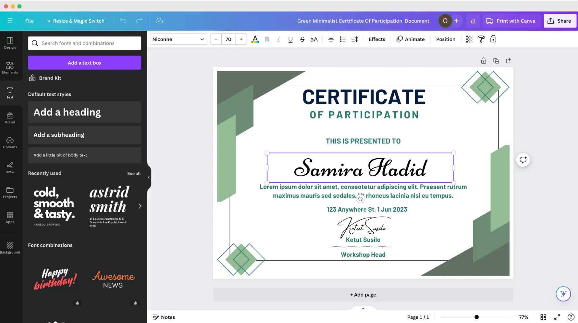 Preparing the certificate template within the Canva creator to send them out via email.