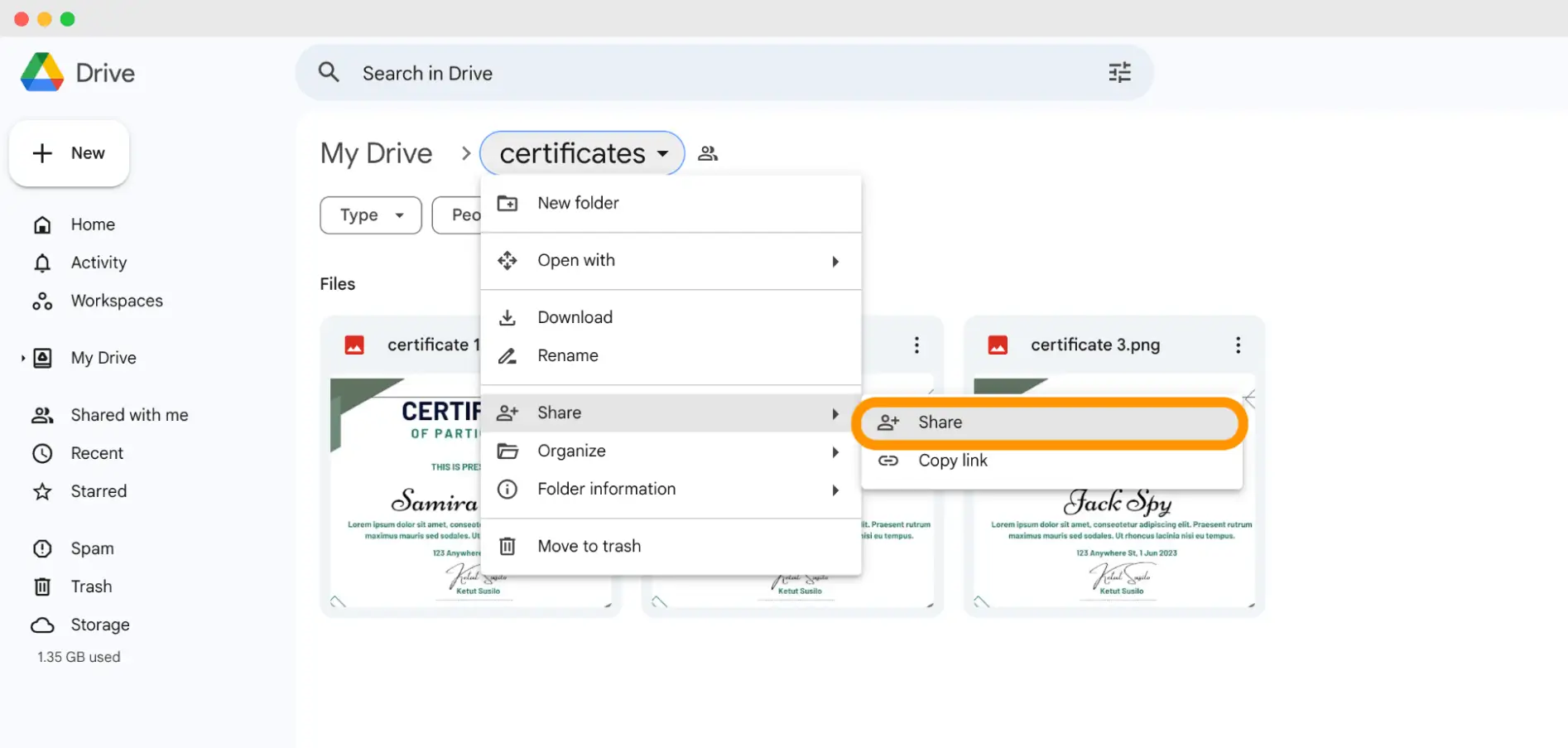 Setting up the Google Drive folder to send certificates via email.