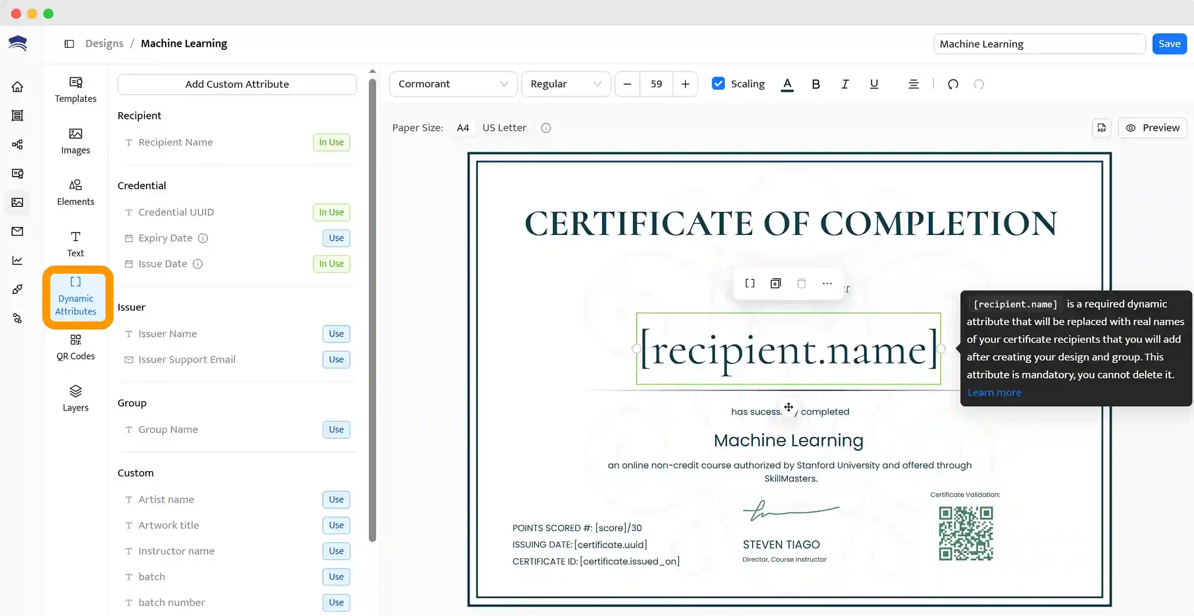 Certifier’s template editor; using dynamic attributes.
