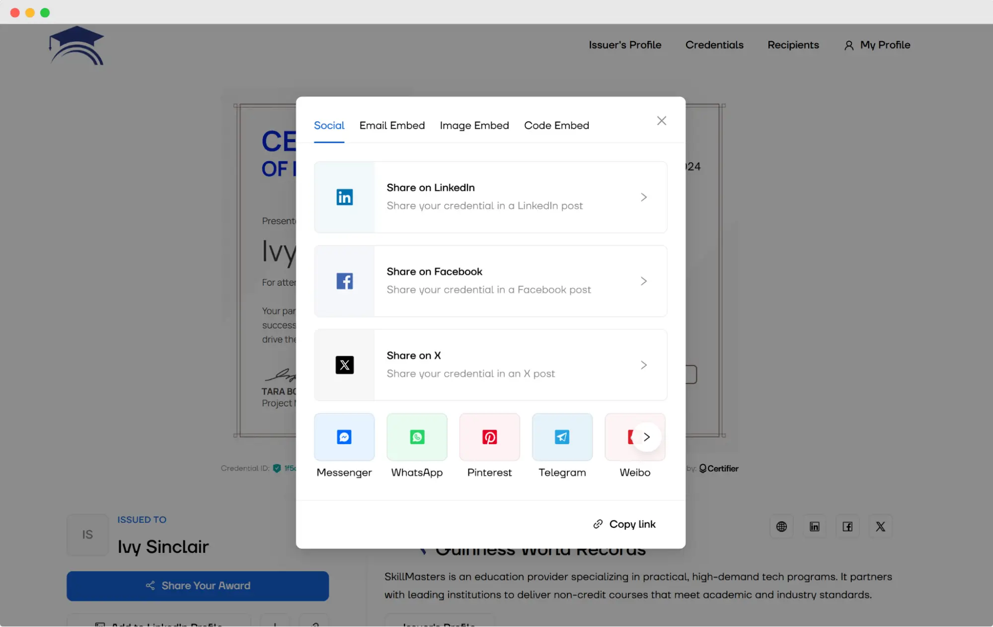 One-click social media sharing via digital wallet.