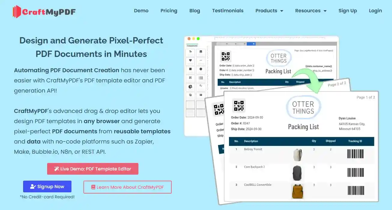 CraftMyPDF page showing a PDF template editor with data-driven fields; you can also use PDF Generation API–CraftMyPDF enables that.