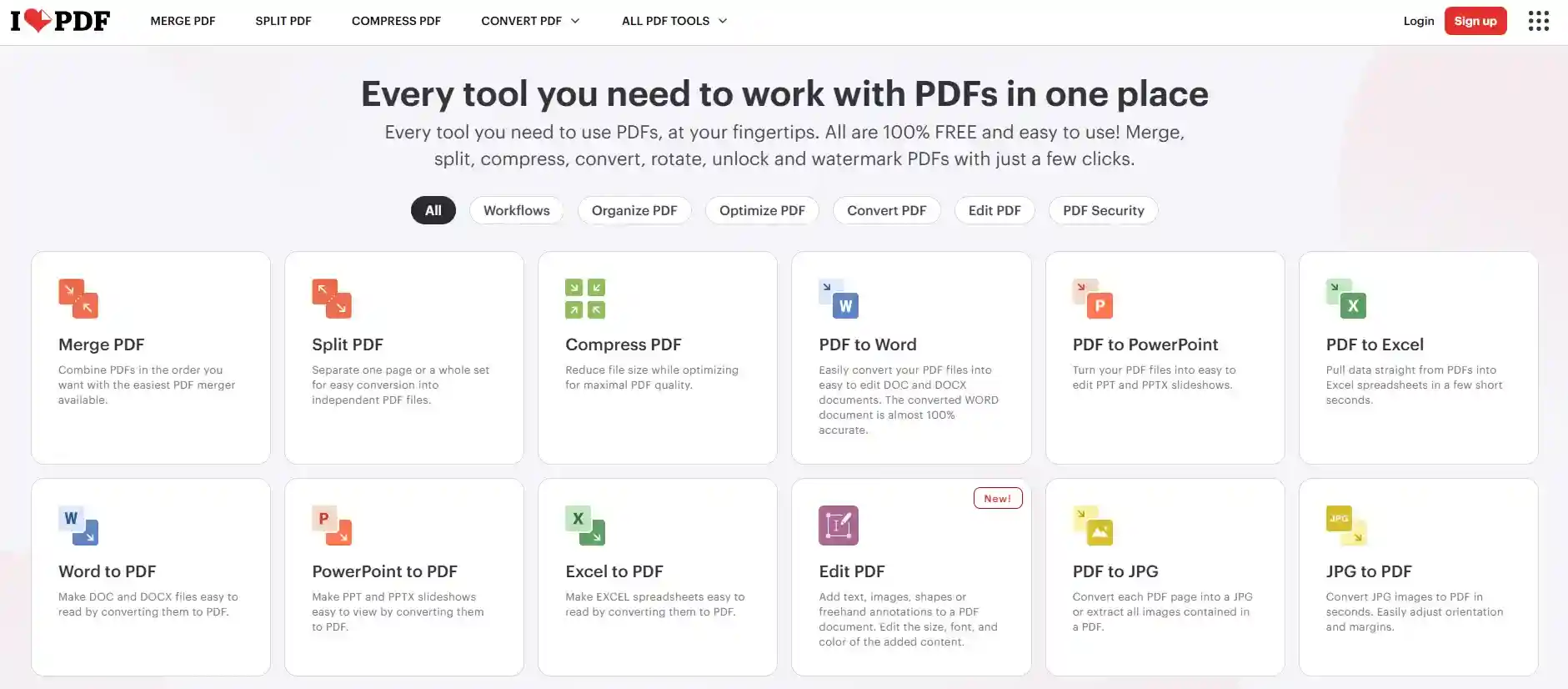 iLovePDF homepage with tiles for merge, split, compress and edit PDF tools—it also supports embedding.