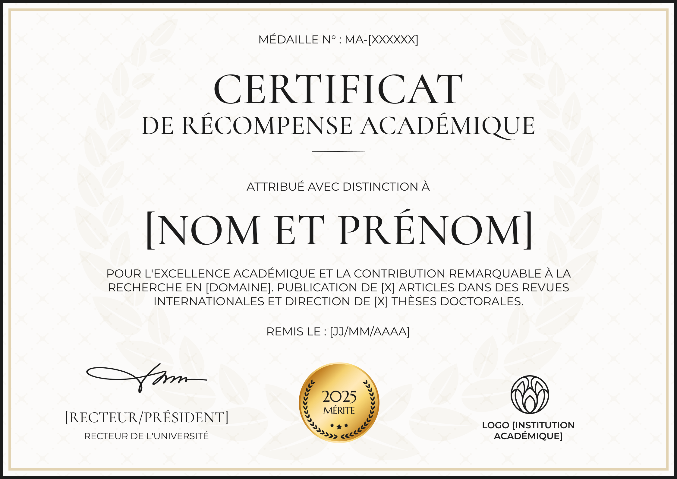 Modèle de certificat de récompense académique épuré et professionnel