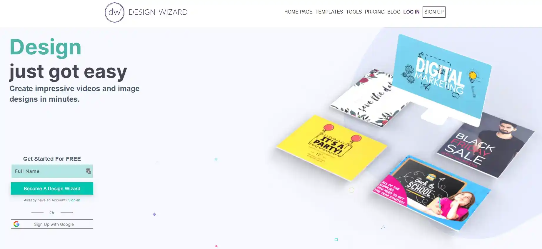 DesignWizard homepage with premade templates and editing tools, allowing users to design images and edit videos. DesignWizard homepage with premade templates and editing tools, allowing users to design images and edit videos.