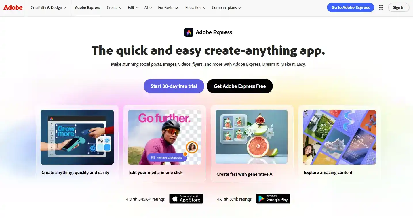 Adobe Express homepage with drag-and-drop design tools. Adobe Express homepage with drag-and-drop design tools.