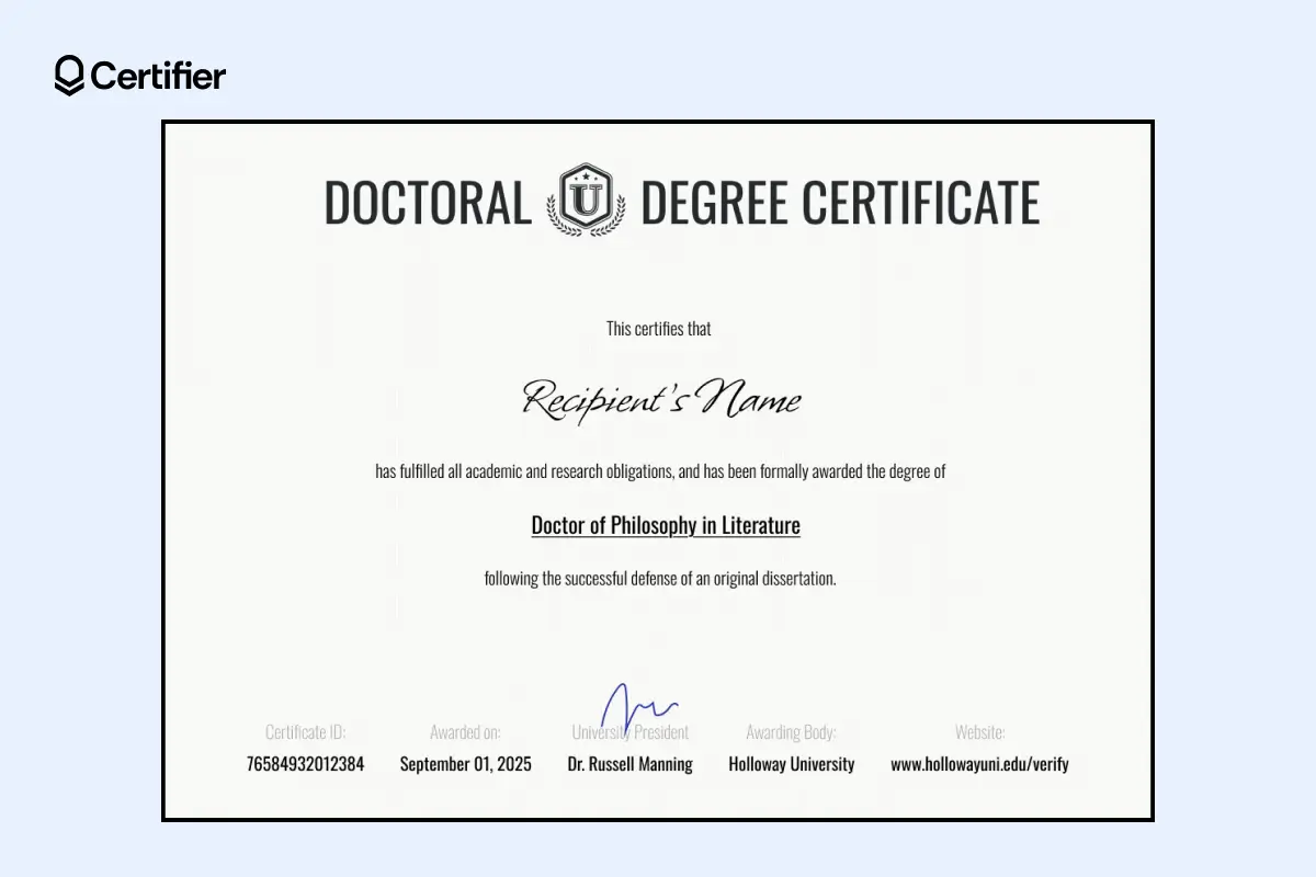 A sample credential showing academic credentials examples at the doctoral level. A sample credential showing academic credentials examples at the doctoral level.