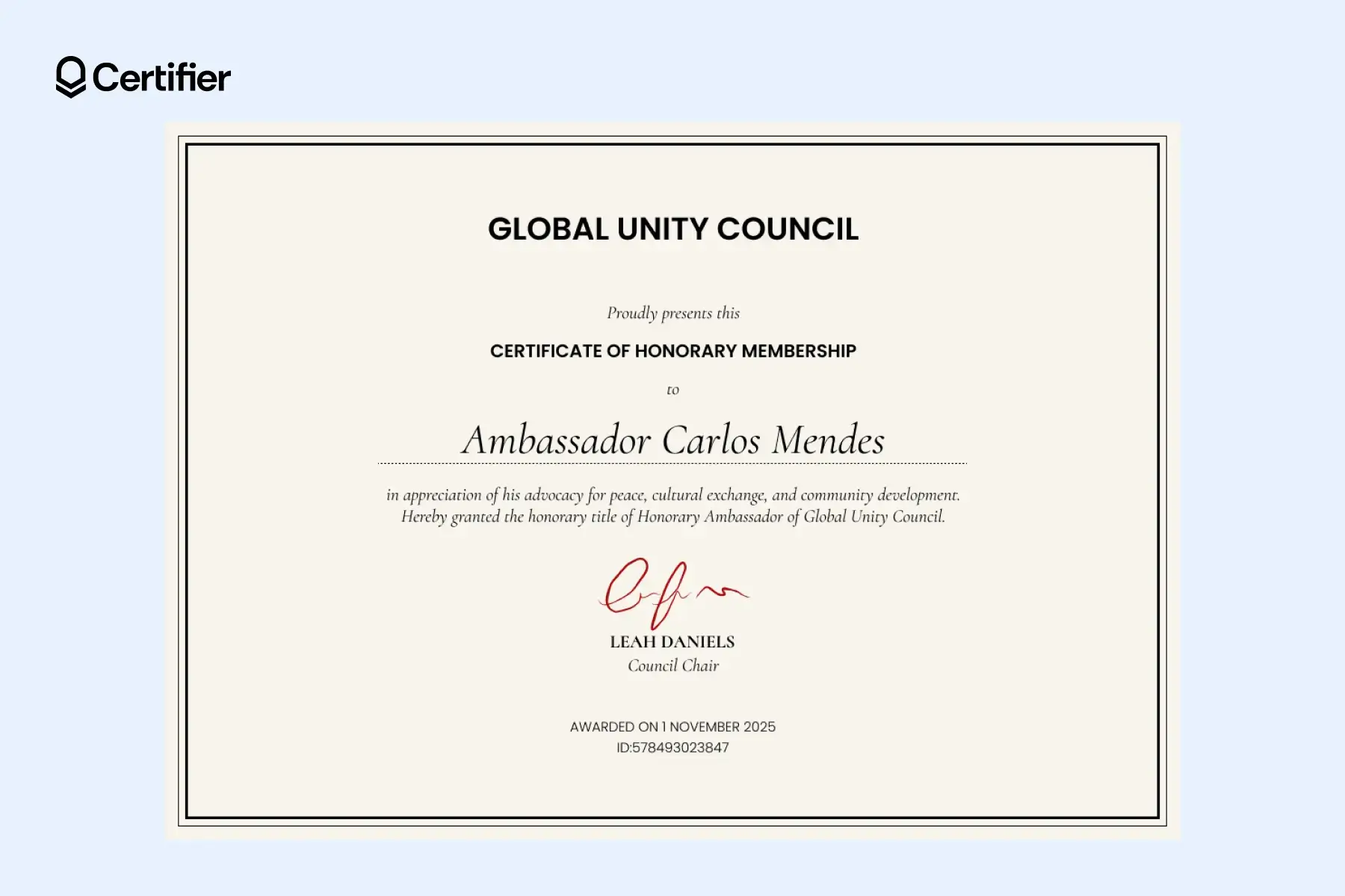 A sample credential showing affiliation with professional associations and recognition of ongoing professional achievements. A sample credential showing affiliation with professional associations and recognition of ongoing professional achievements.