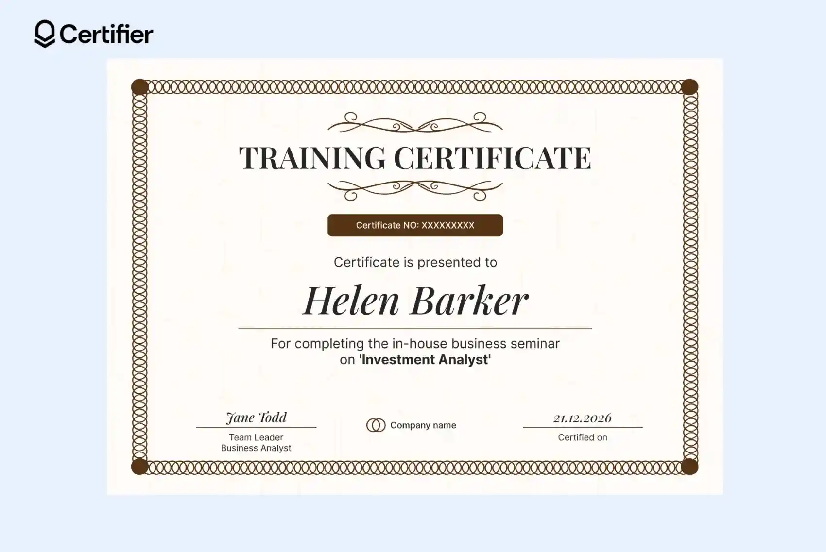 business credentials example showing successful completion of internal training that supports career advancement inside a company. business credentials example showing successful completion of internal training that supports career advancement inside a company.