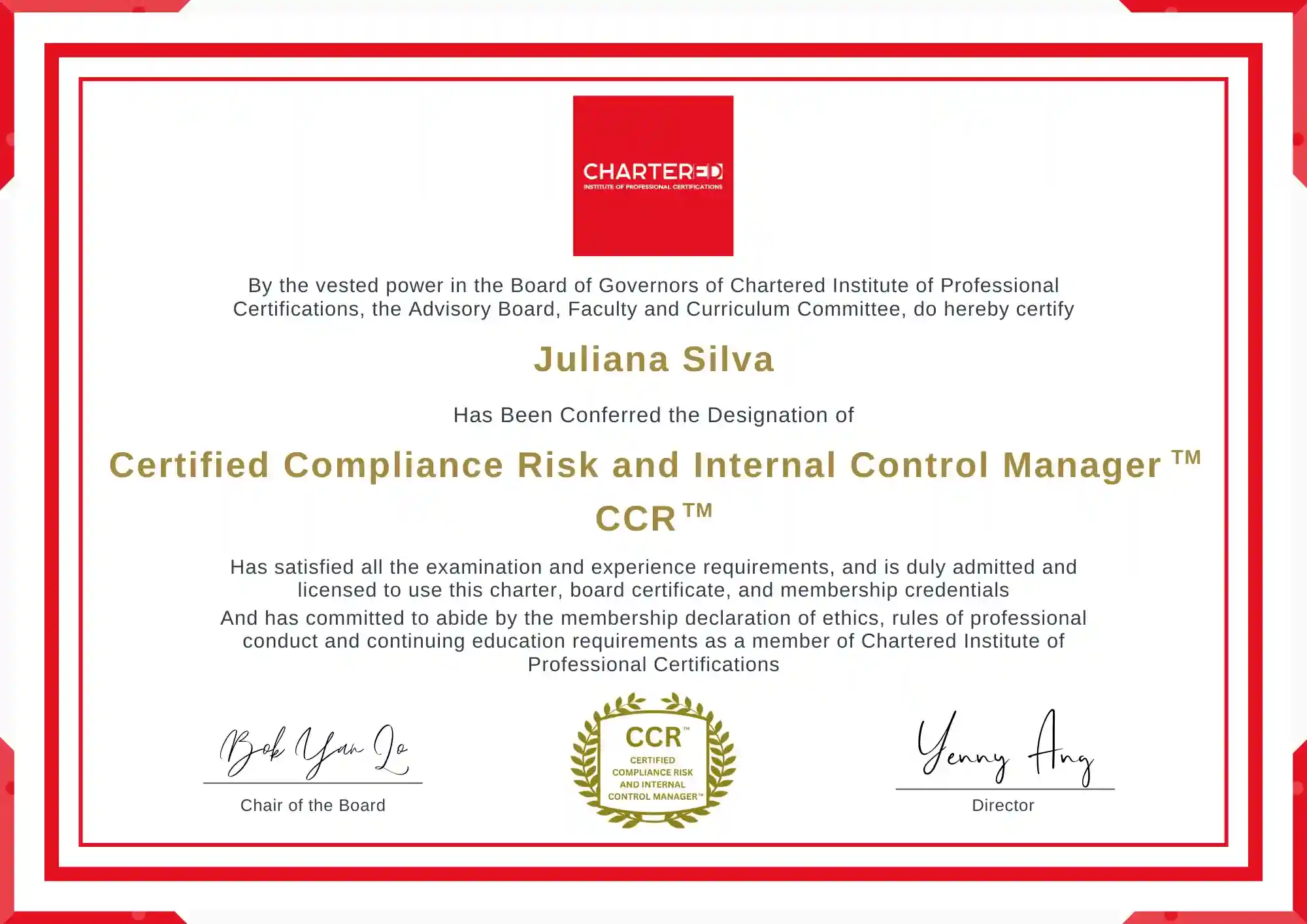 One of the professional credentials examples showing a training certificate with red frames and a logo on the top. One of the professional credentials examples showing a training certificate with red frames and a logo on the top.
