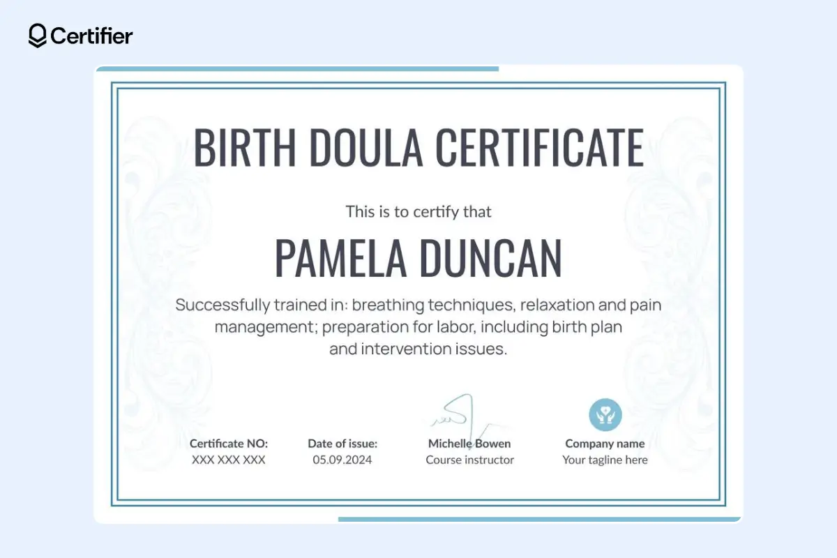 One of the editable sample credentials, a doula certificate example with a blue background and a company logo placeholder. One of the editable sample credentials, a doula certificate example with a blue background and a company logo placeholder.