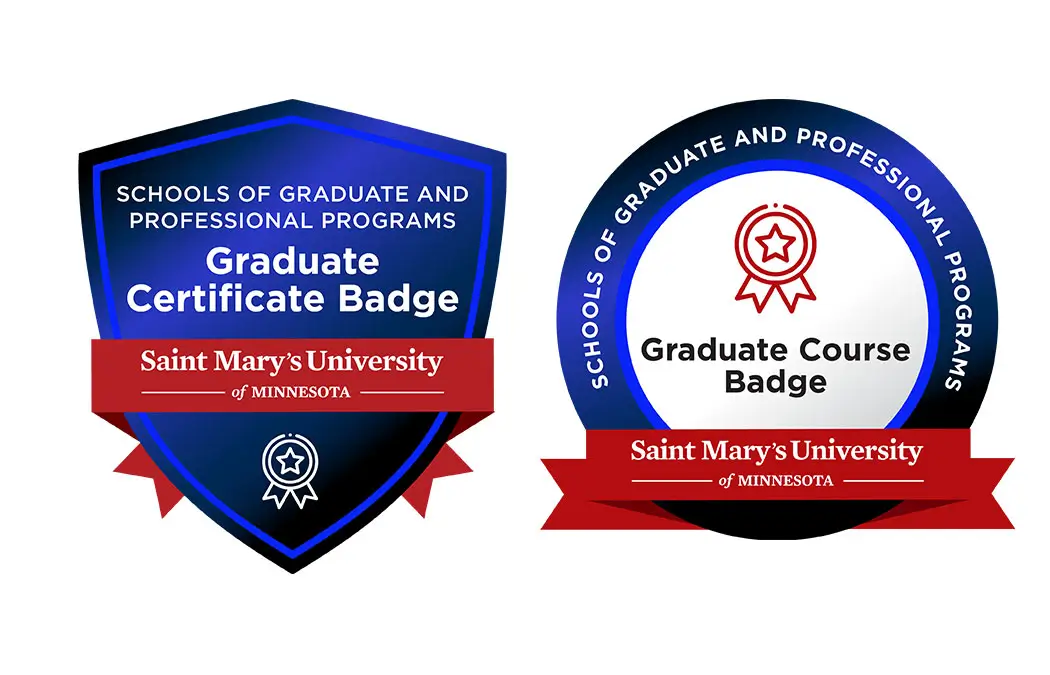 Two digital badges depicted as work credentials examples issued by Saint Mary’s University. Two digital badges depicted as work credentials examples issued by Saint Mary’s University.