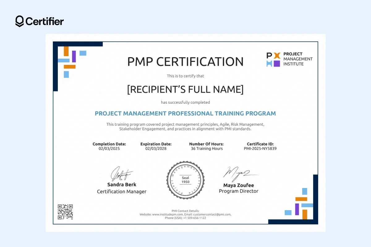 One of the professional credentials examples from Certifier; PMP certification with a seal, digital signatures, training hours. One of the professional credentials examples from Certifier; PMP certification with a seal, digital signatures, training hours.