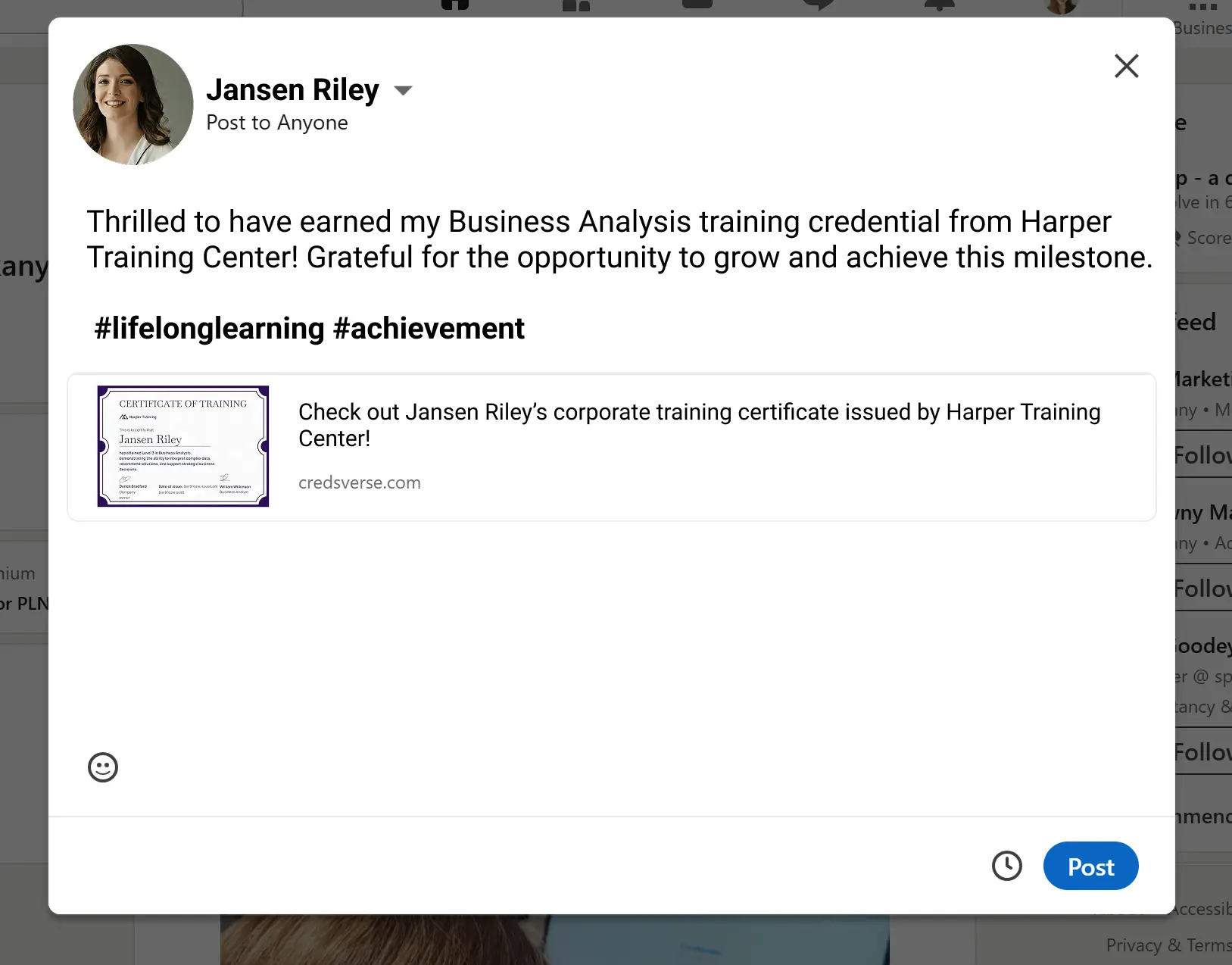 Preview of an employee sharing a new credential on LinkedIn, highlighting how to keep employees engaged during training by celebrating achievements publicly and engaging employees beyond team meetings.