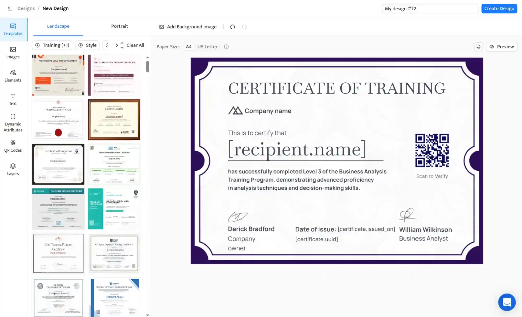 Certifier’s template editor demonstrating how to motivate employees to attend training with professional, personalized corporate certificates.