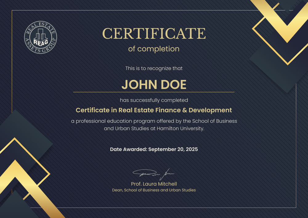 Dark real estate certificate design with formal border, central title, recipient field, date, and signature
