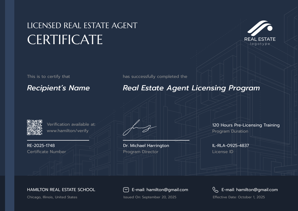 Dark blue real estate certificate design with certificate number, verification code, program details, and signature fields