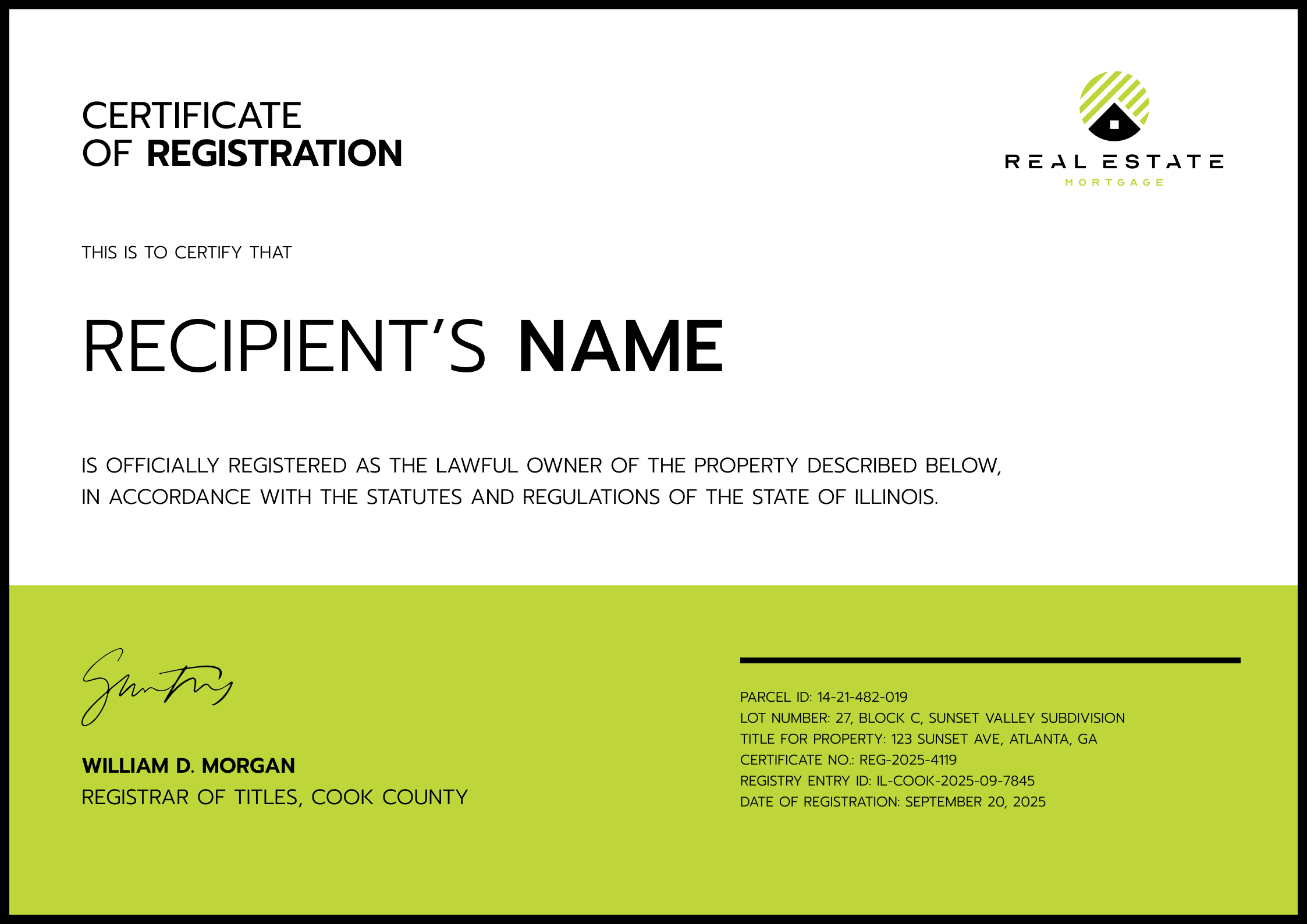 Modern property registration certificate layout with parcel number, lot reference, registry entry, and signature area