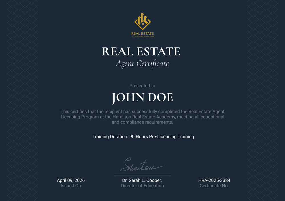 Elegant dark blue real estate certificate with title, recipient field, date, certificate number, and signature
