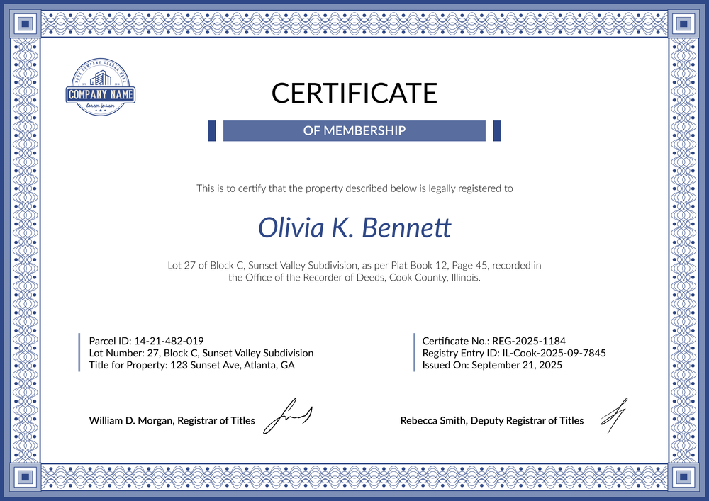 Blue framed real estate certificate with property registration statement, parcel information, certificate number, and signatures