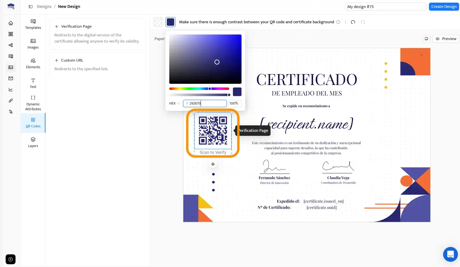 Vista previa de un certificado digital con código QR integrado para facilitar su verificación instantánea.