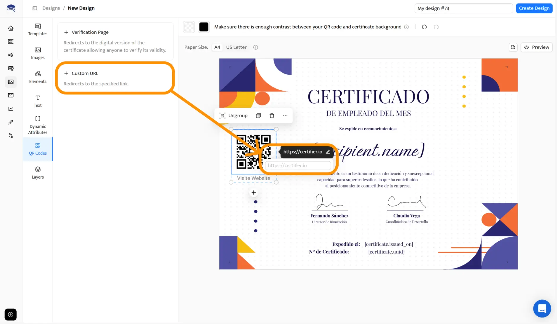 Muestra de nuevos certificados digitales con diseño moderno y código QR para validación rápida.