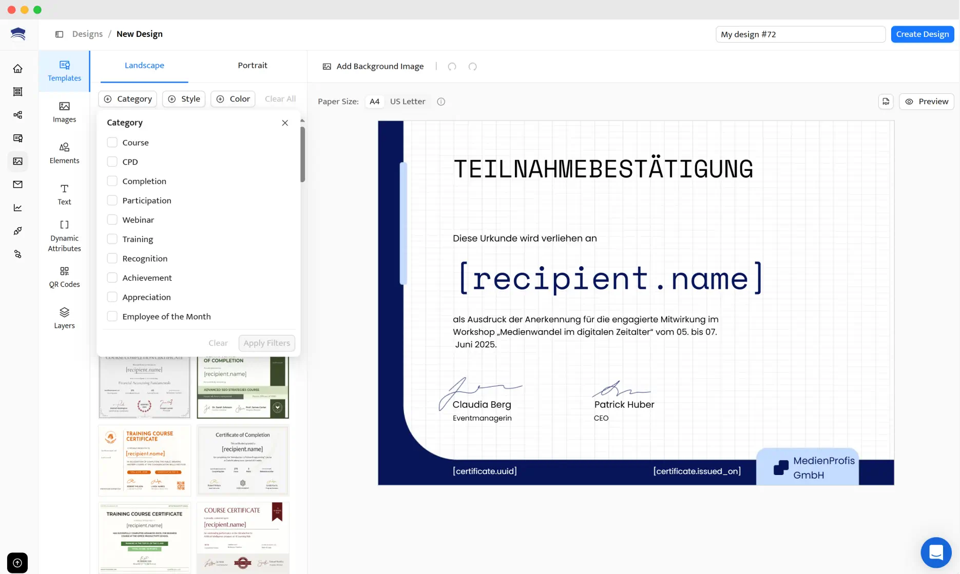 Vorlagenauswahl für Zertifikat mit QR-Code nach Kategorie im Certifier Editor.