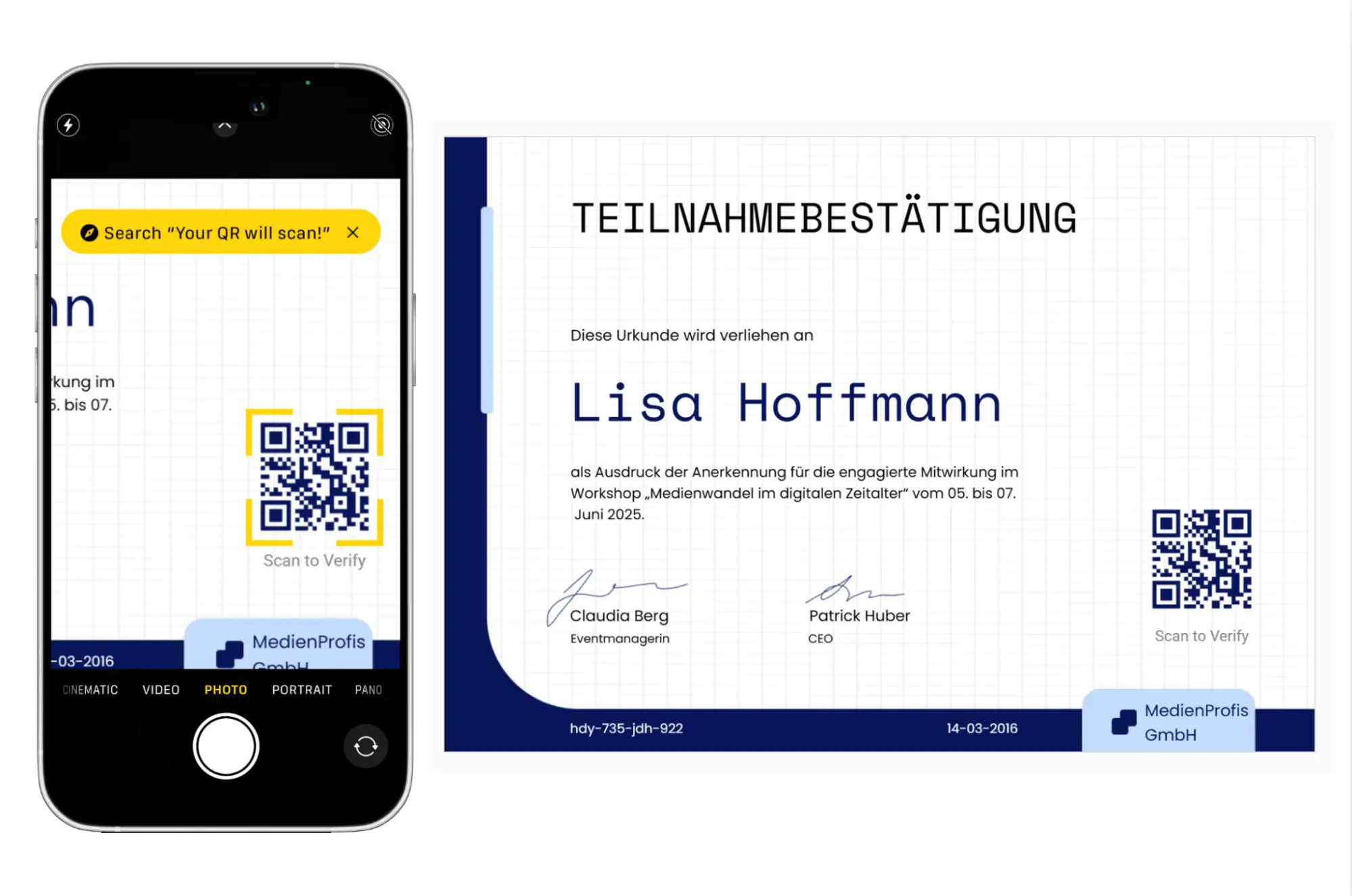 Zertifikat mit QR-Code, das per Smartphone-Kamera gescannt wird, um die Teilnahme am Workshop digital zu verifizieren.