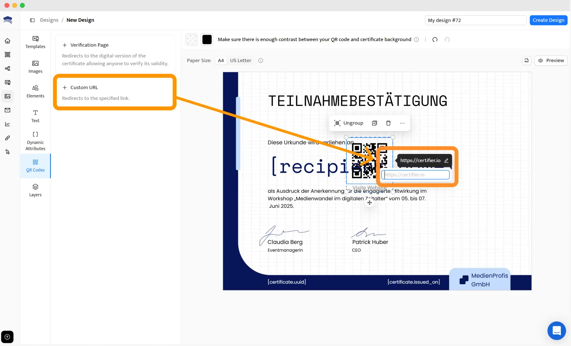 Zertifikat mit QR-Code und individueller URL im Certifier Editor sichtbar eingefügt.