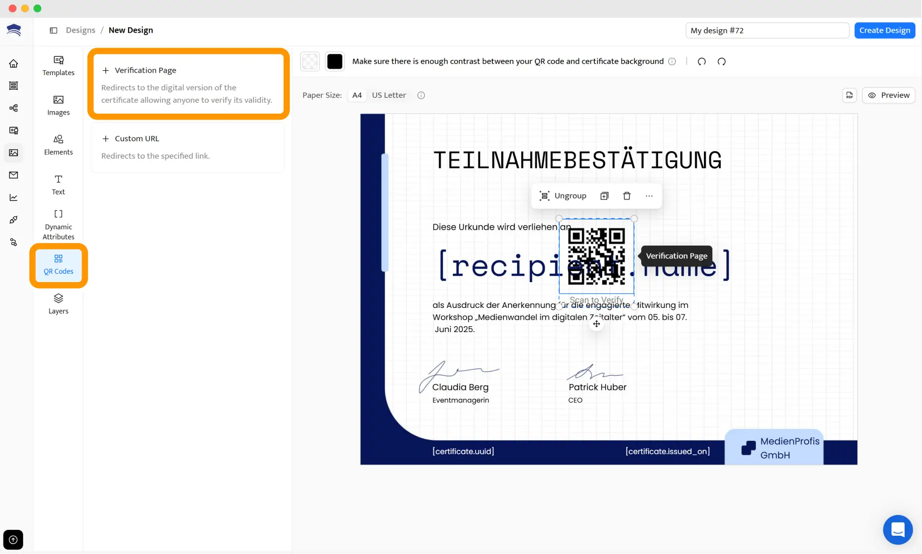 Zertifikat mit QR-Code für Verifizierungsseite im Certifier Tool eingebettet.