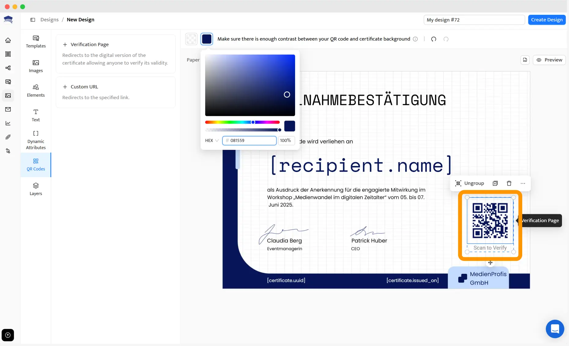 Anpassung von Farbe und Hintergrund des Zertifikat QR Codes direkt im Certifier Design-Editor.