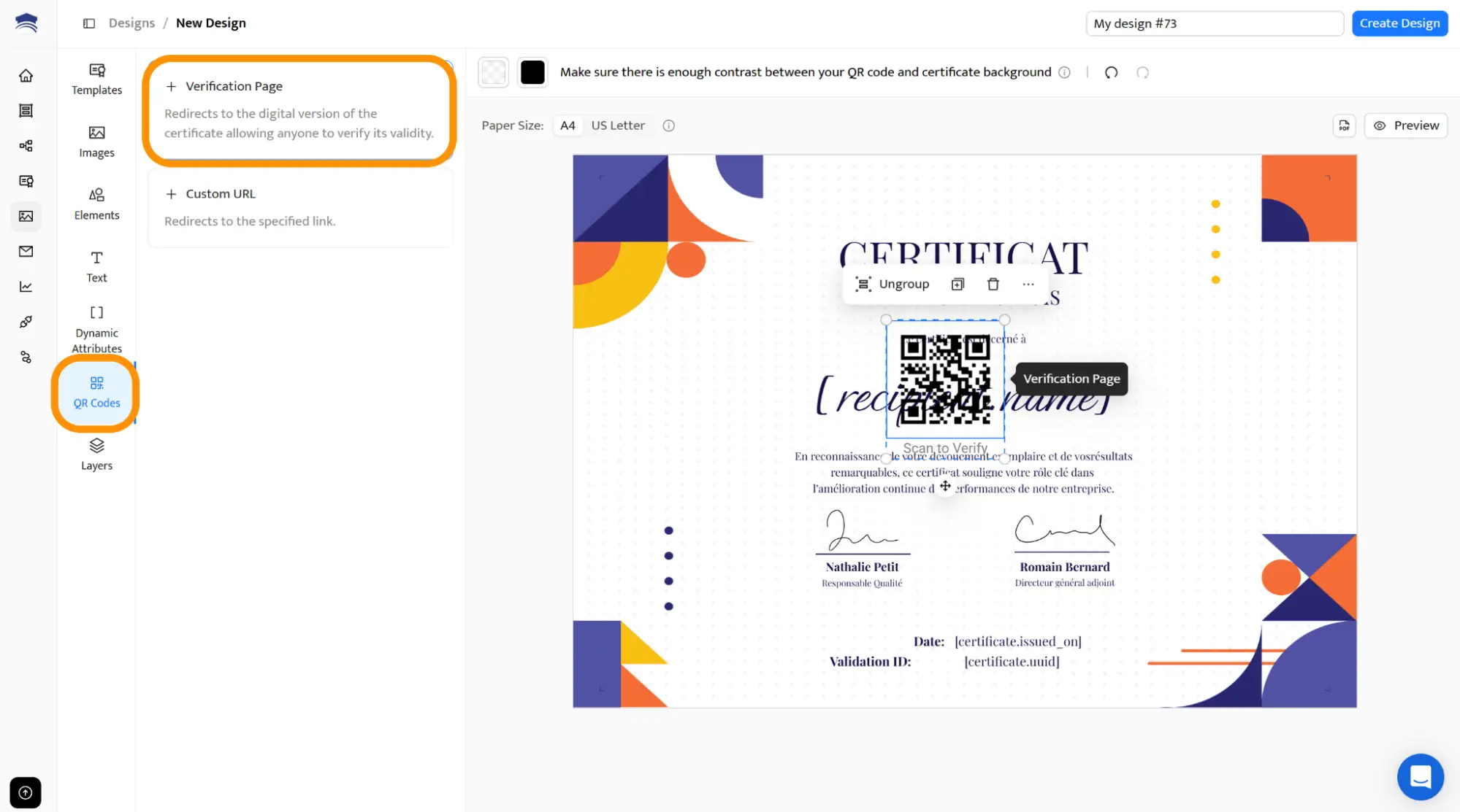 Vue d’un certificat avec QR code intégré, montrant les détails personnalisés et la possibilité de vérification. Vue d’un certificat avec QR code intégré, montrant les détails personnalisés et la possibilité de vérification.